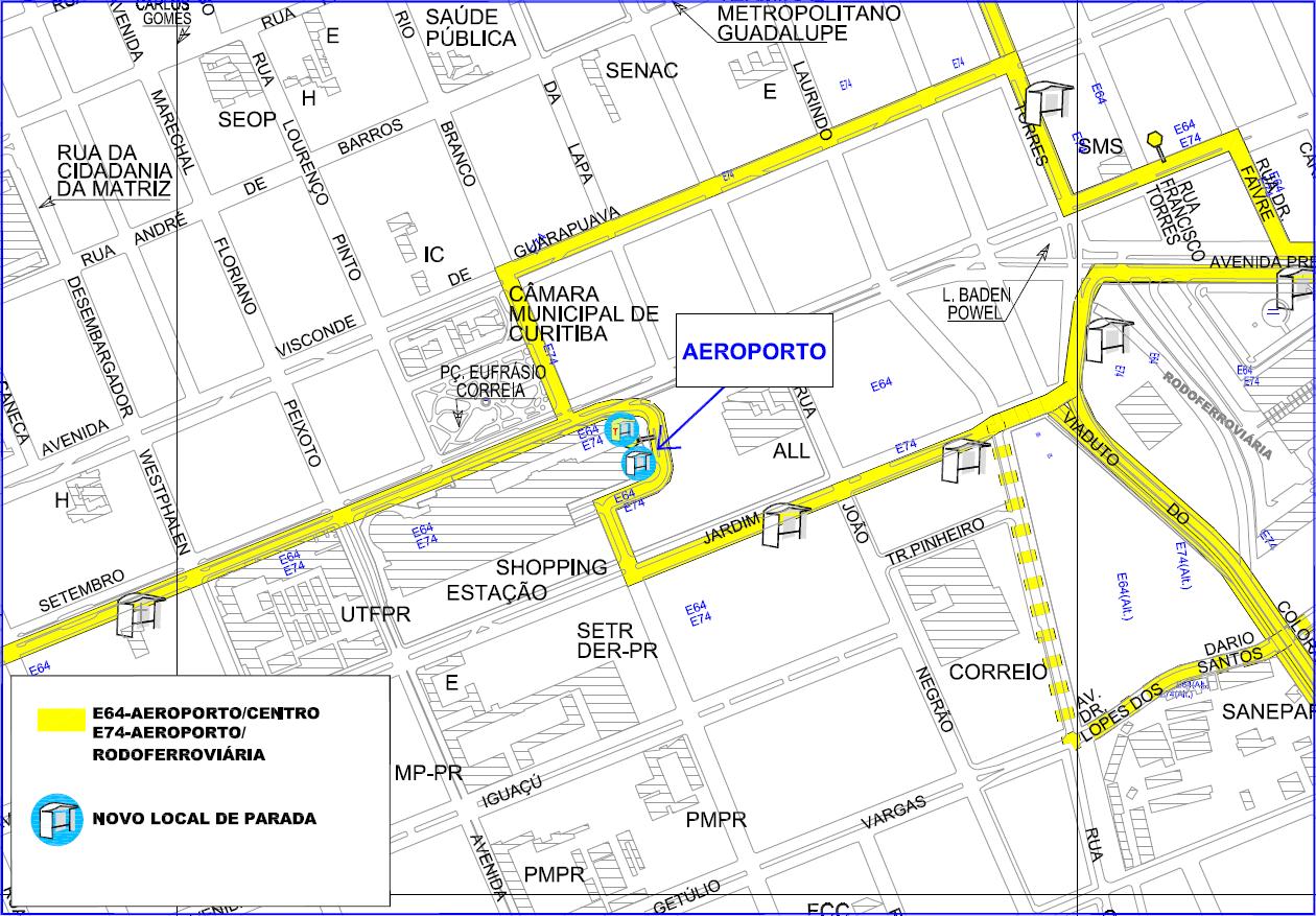 E64 - Aeroporto/Centro e E74 - Aeroporto/Rodoferroviária - alteração de ponto de parada