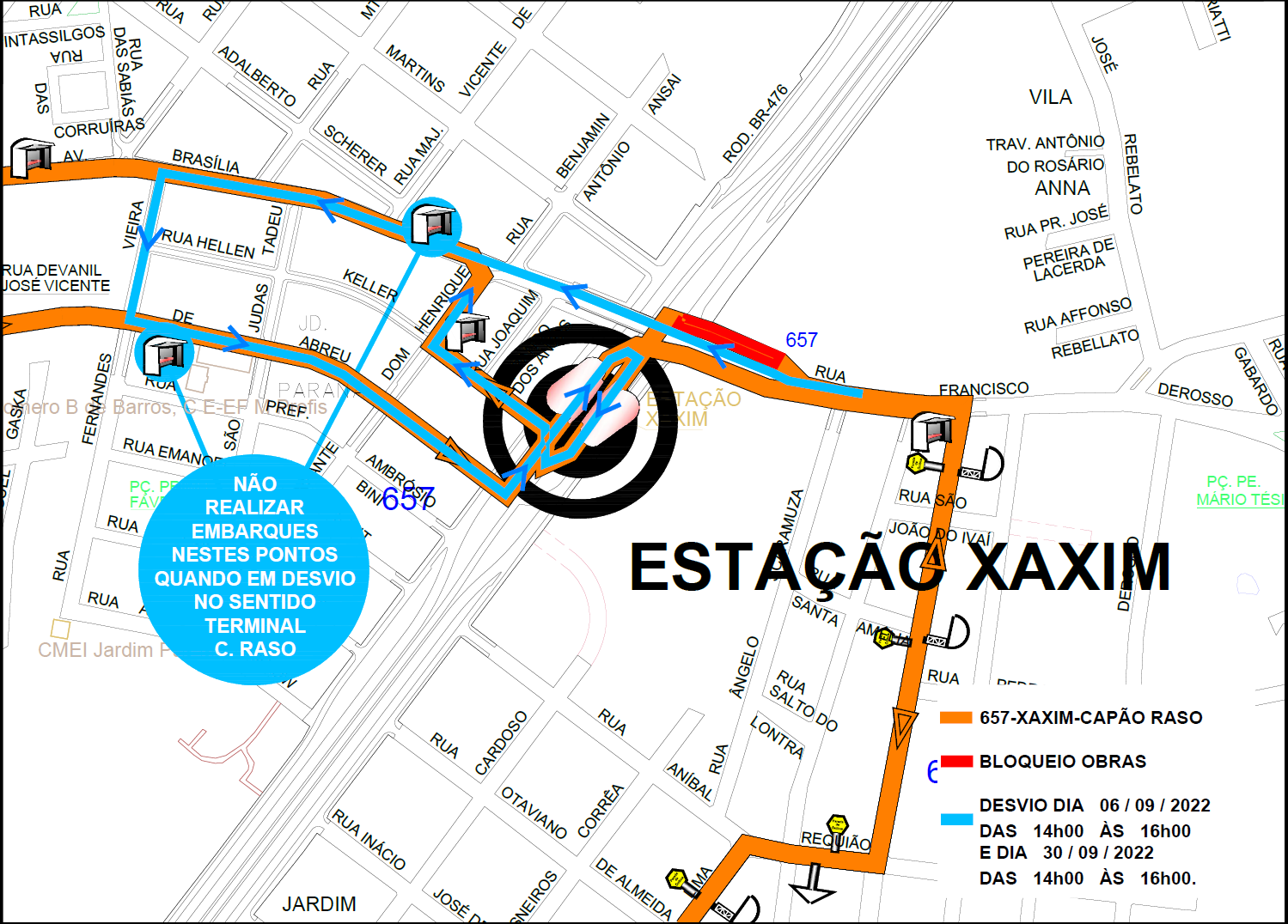 Linha 657-XAXIM/CAPÃO RASO - Desvio de itinerário - Obras 30/09