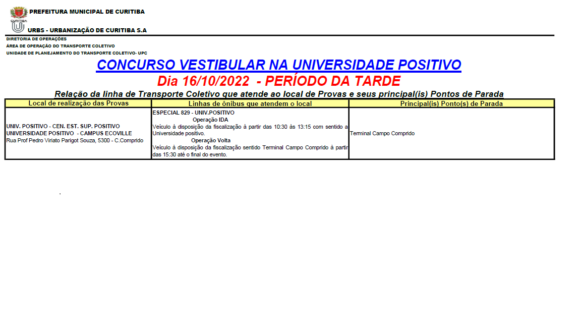 Linha 829-UNIV.POSITIVO - Especial Vestibular Univ. Positivo - 16/10