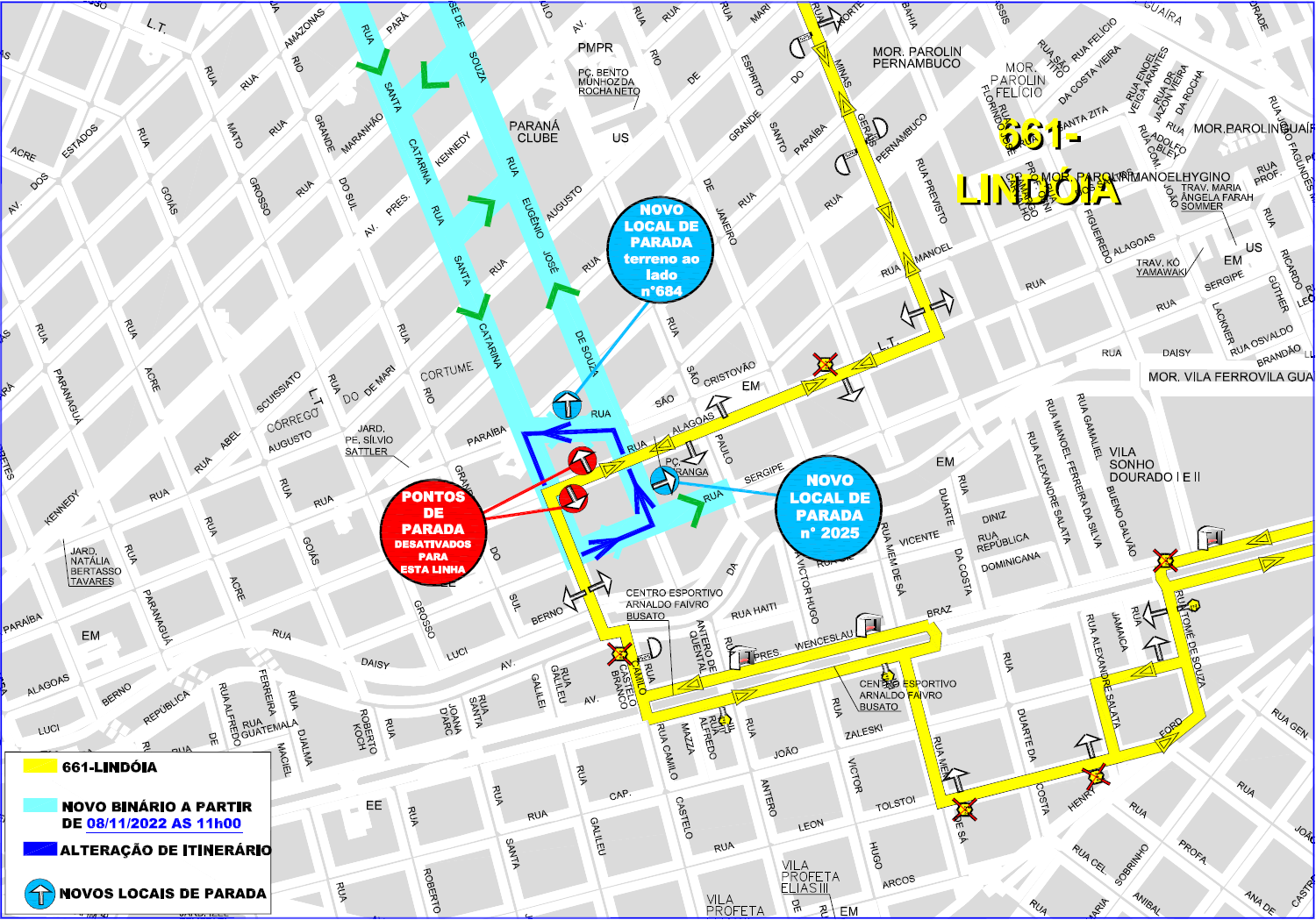 Linha 661-LINDÓIA - alteração de itinerário - Binário Água Verde - 08/11