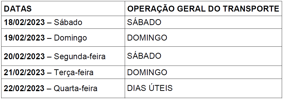 Linhas diversas - Feriado de Carnaval/2023