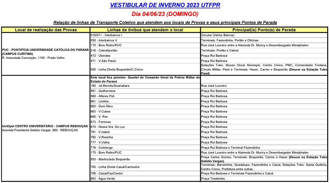 Linhas diversas - Atendimento especial - Vestibular de Inverno 2023 UTFPR
