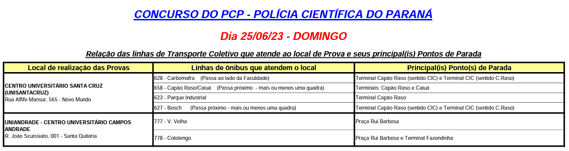 Linhas diversas - Atendimento especial - Concurso do PCP