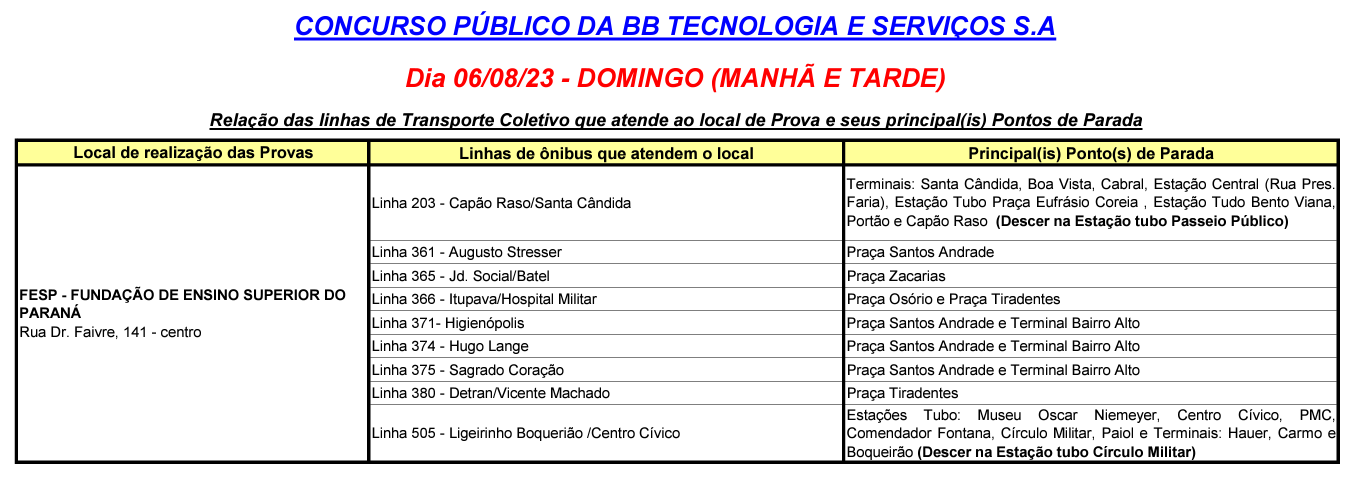 Linha diversas - Atendimento especial - CONCURSO PÚBLICO da BB TECNOLOGIA E SERVIÇOS S.A.