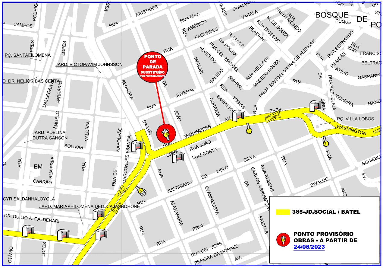 Linha 365 - JD. SOCIAL/BATEL - Substituição provisória de ponto de parada por placa em poste