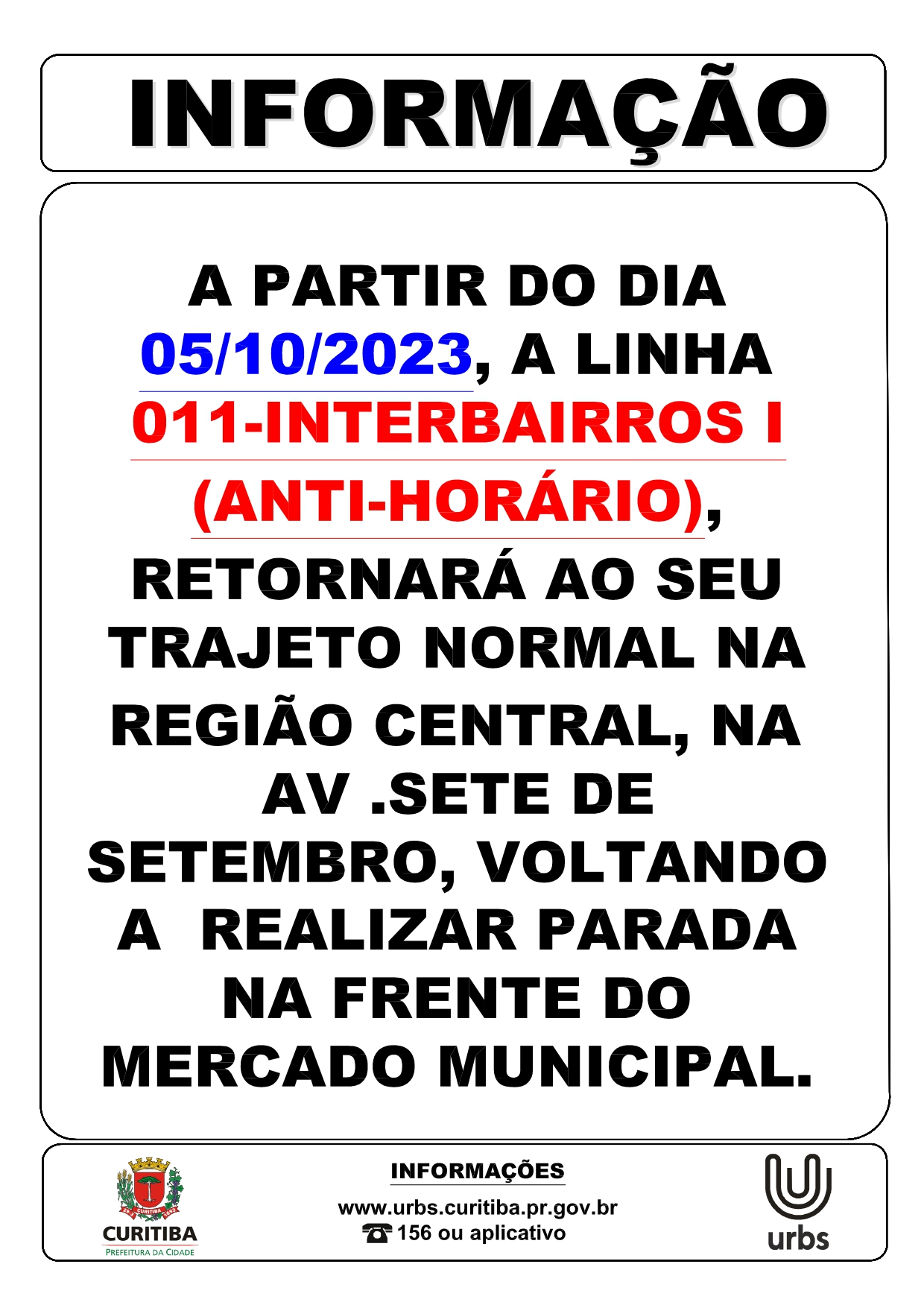 Linha 011 - INTERBAIRROS I (ANTI-HORÁRIO) - Ponto de parada reativado