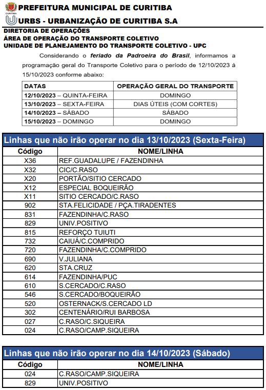 Programação do Transporte Coletivo - Feriado Padroeira do Brasil