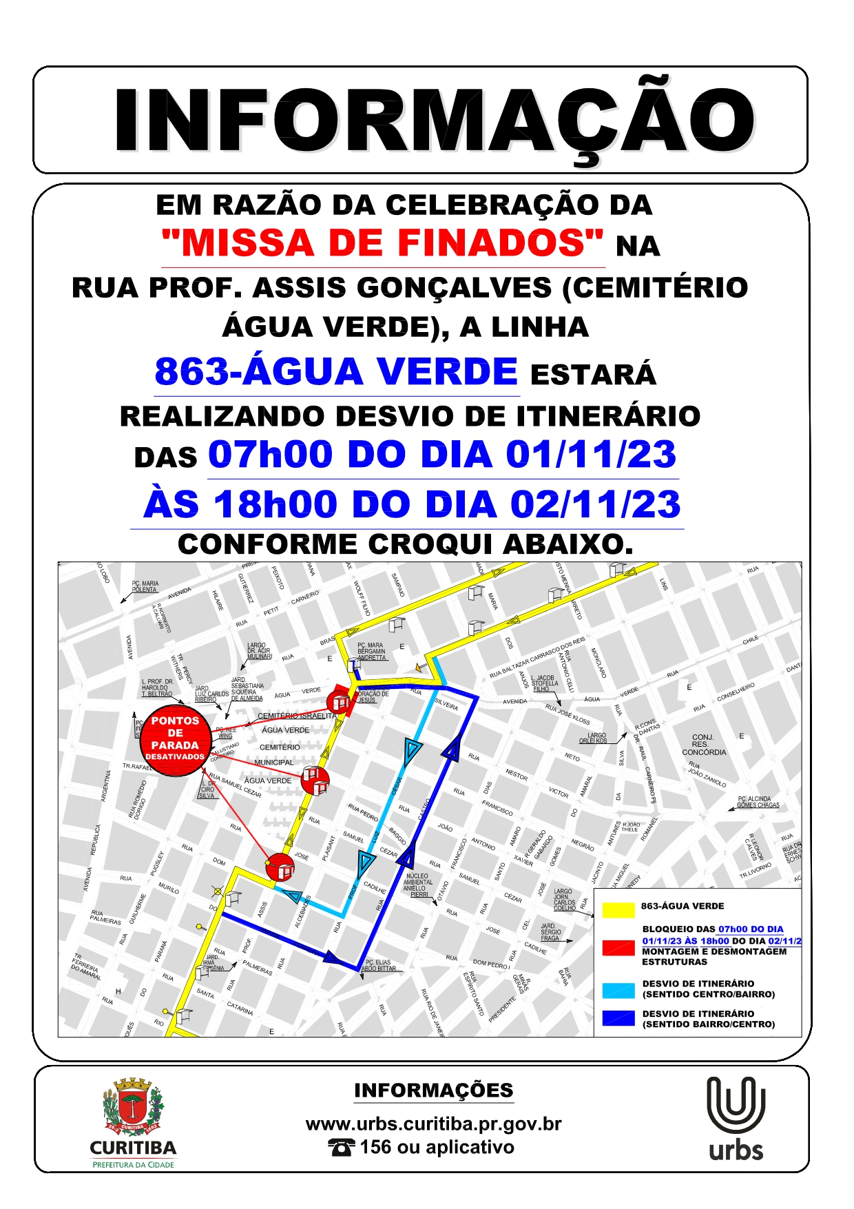 Linha 863 - ÁGUA VERDE - Desvio de itinerário - MISSA DE FINADOS 2023