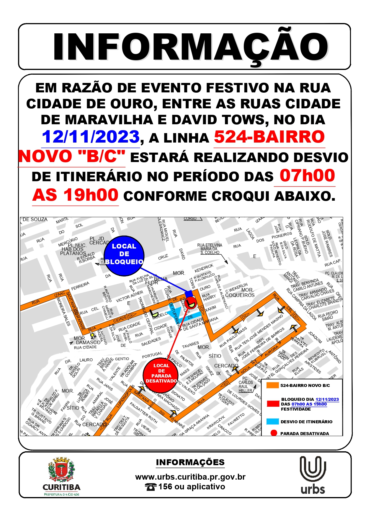 Linha 524 - BAIRRO NOVO B/C - Desvio de itinerário - FESTA DA PADROEIRA