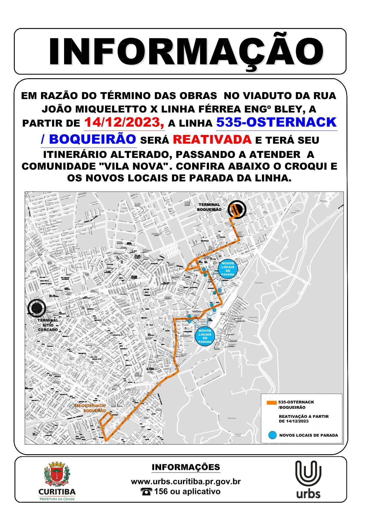 Linha 535 - OSTERNACK/BOQUEIRÃO - Alteração de itinerário