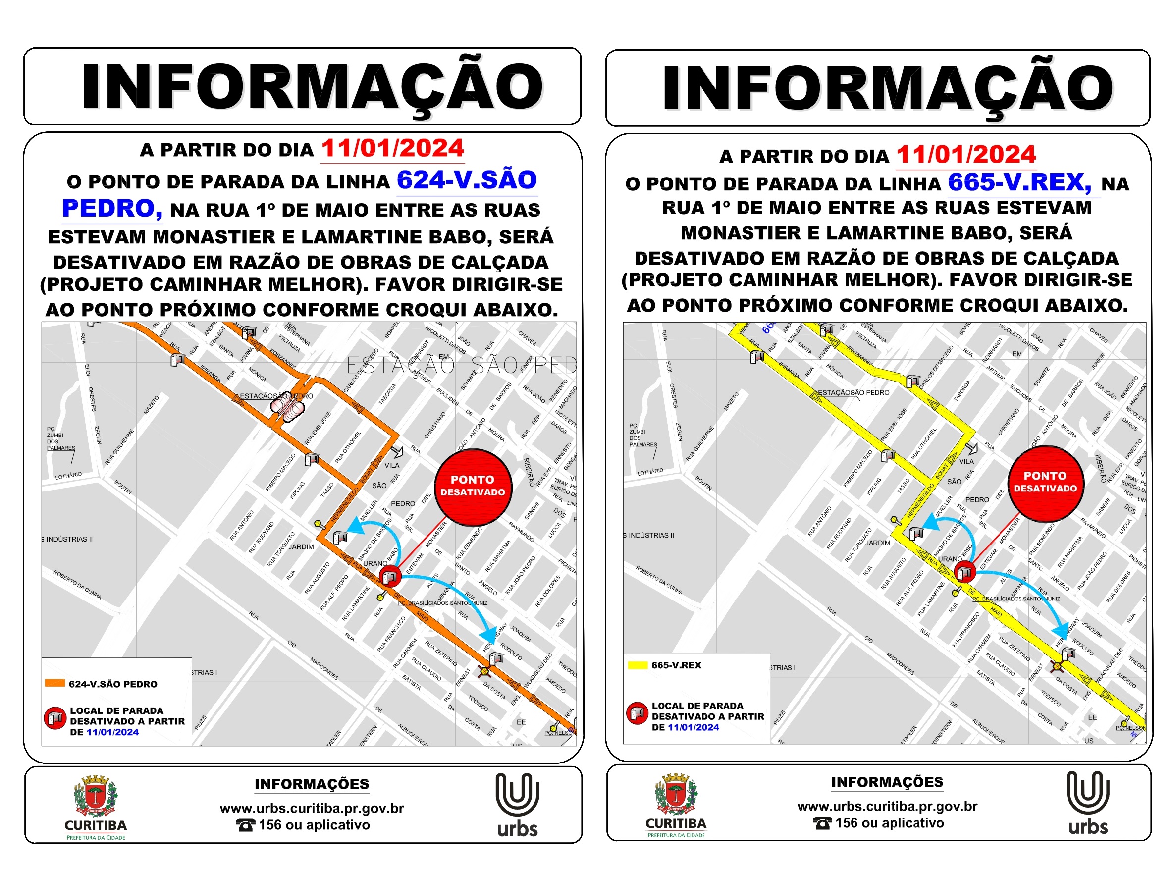 Linhas 624 - V. SÃO PEDRO e 665 - V. REX - desativação de ponto de parada - 11/01
