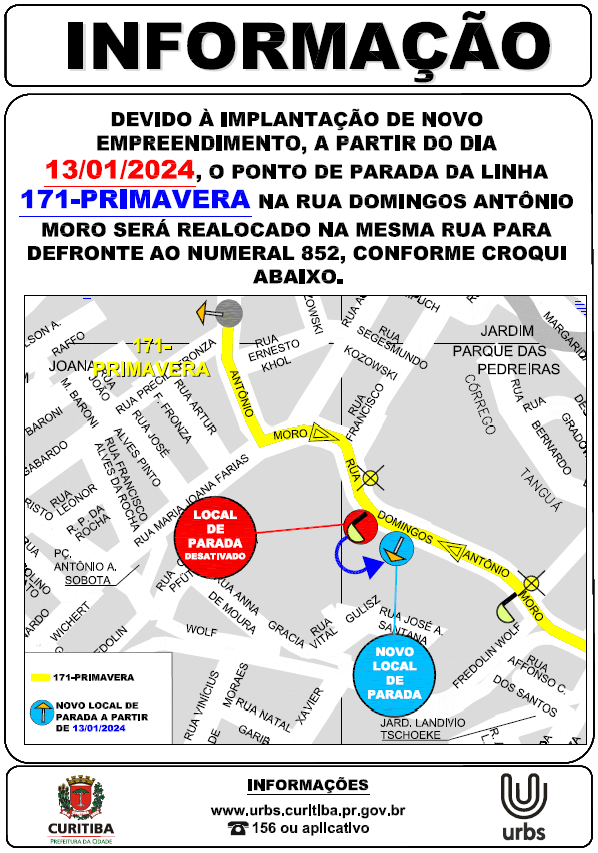 Linha 171 - PRIMAVERA - alteração de ponto de parada - 13/01