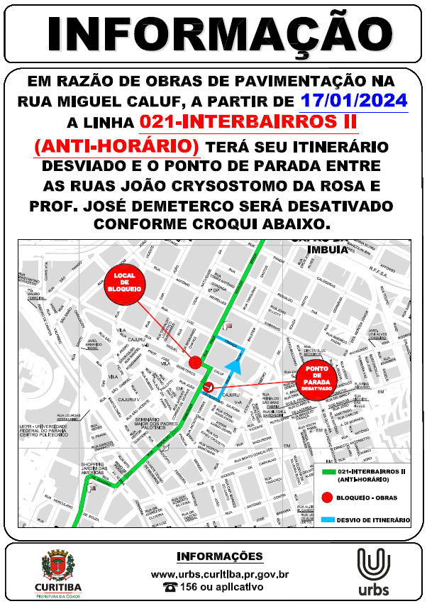 Linha 021 - INTERBAIRROS II (ANTI - HORÁRIO) - desvio de itinerário - 17/01