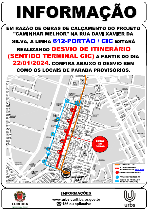 Linha 612 - PORTÃO / CIC - desvio de itinerário - 22/01