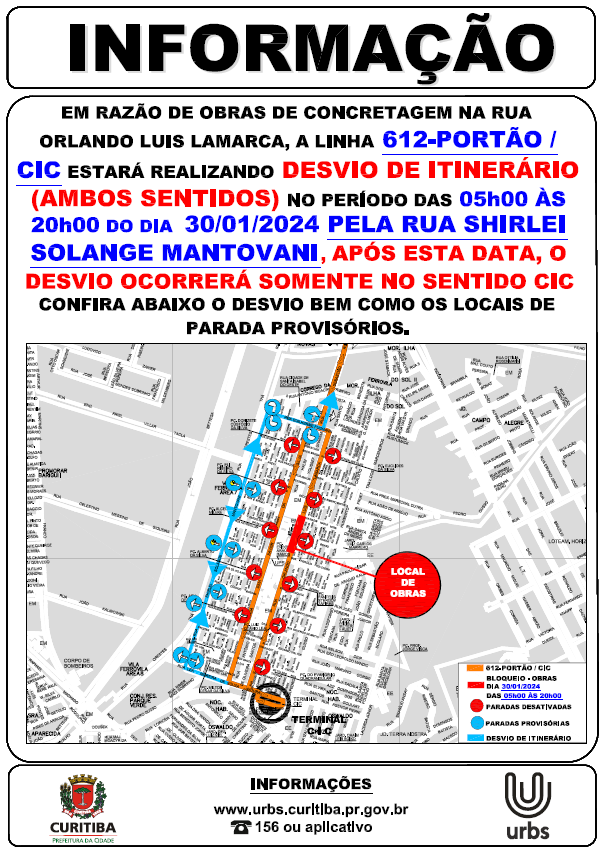 Linha 612 - PORTÃO / CIC - desvio de itinerário - 30/01