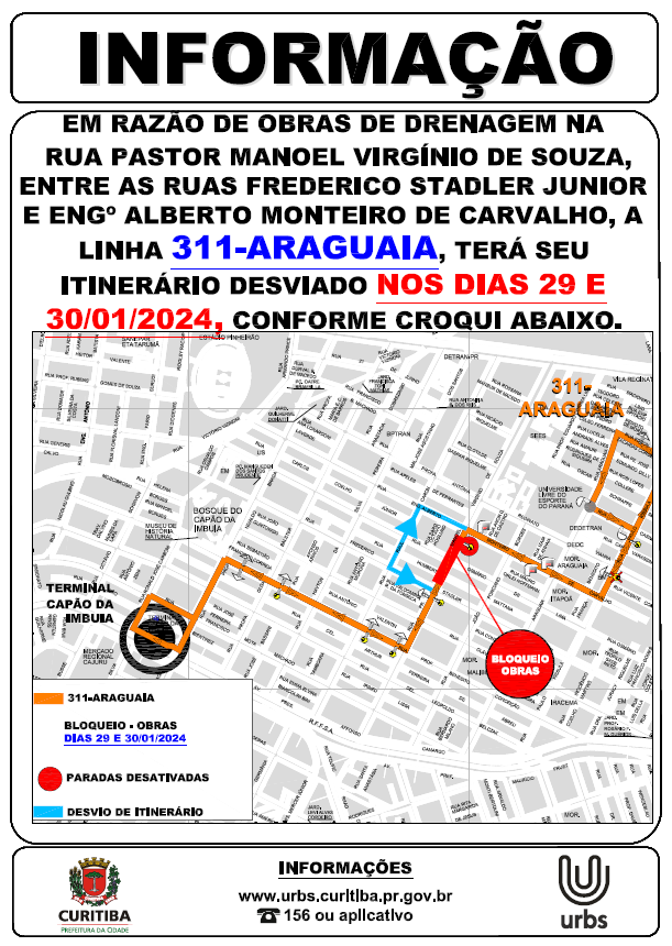 Linha 311 - ARAGUAIA - desvio de itinerário - 29 e 30/01