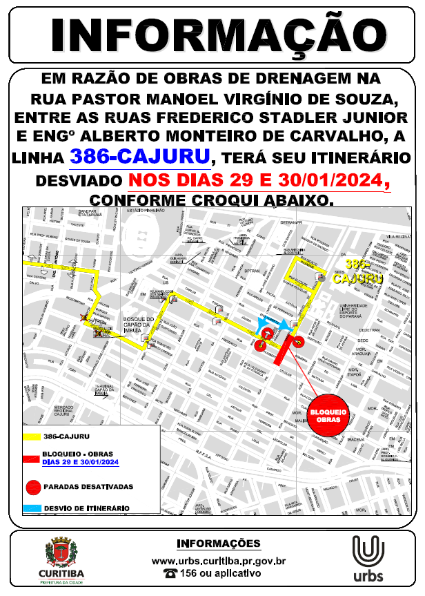 Linha 386 - CAJURU - desvio de itinerário - 29 e 30/01