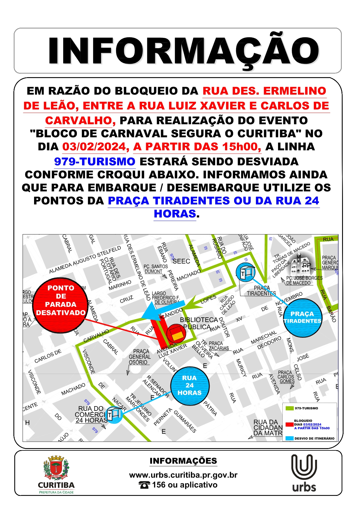 Linha 979 - TURISMO - Desvio de itinerário - Bloco de Carnaval Segura o Curitiba