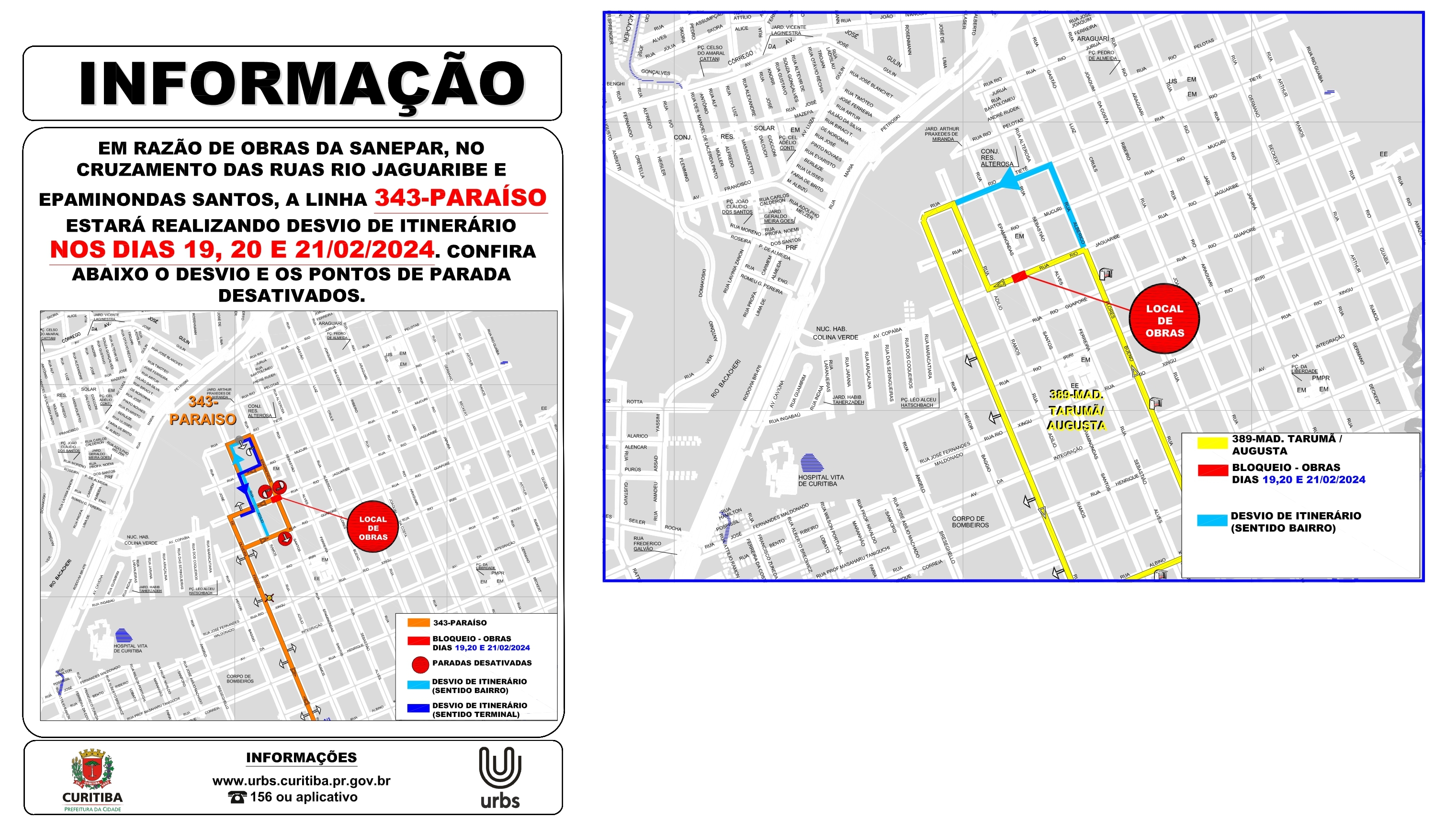 Linhas 343 e 389 - Desvio de itinerário - Obras de implantação de PV