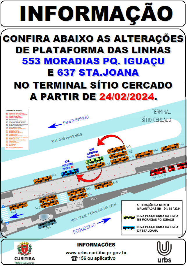 Linhas 533-MORADIAS PQ.IGUAÇU e 637-STA.JOANA - Alteração nas plataformas no Terminal Sítio Cercao