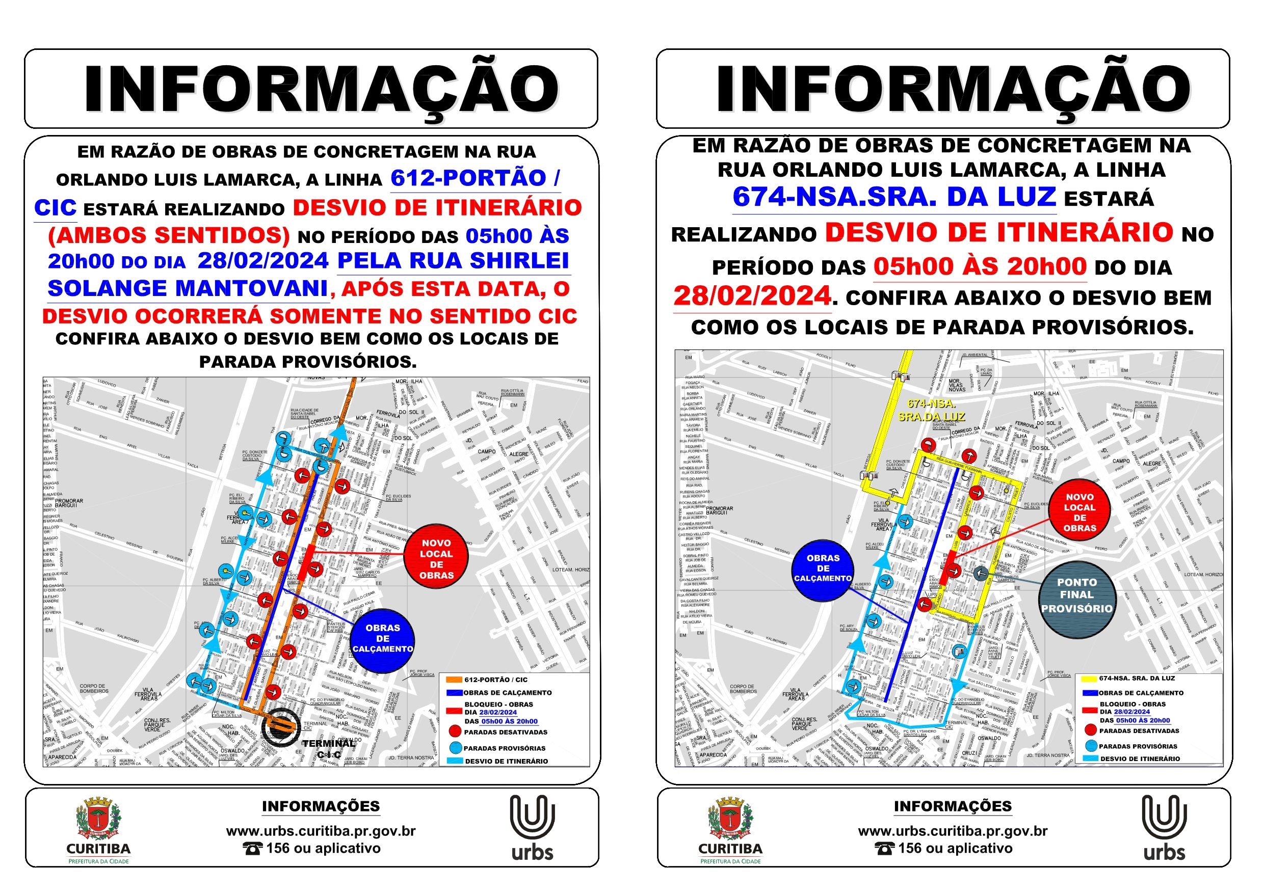 Linhas 612 e 674 - Desvio de itinerário - Obras de concretagem na Rua Orlando Luis Lamarca