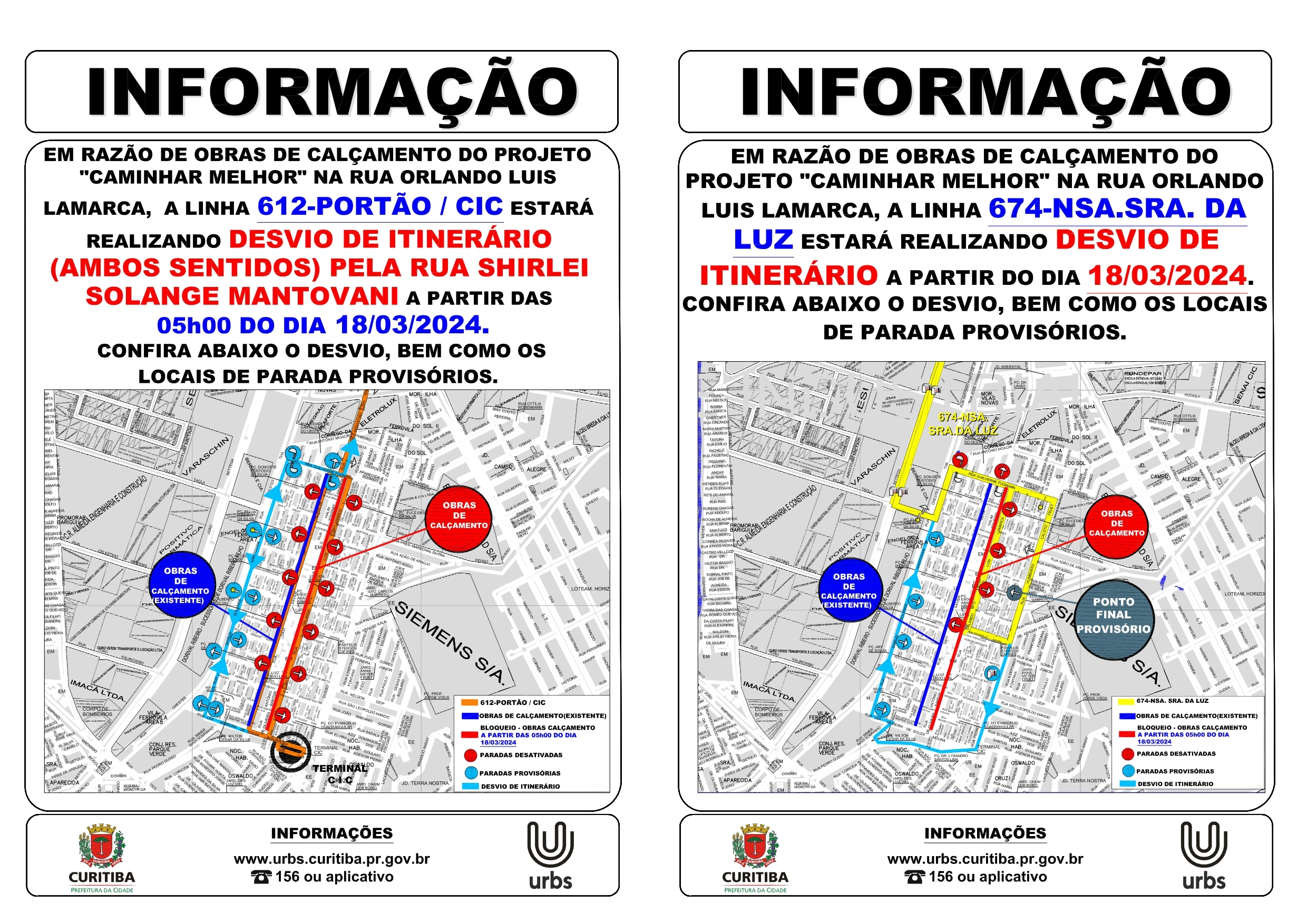 Linhas 612 - PORTÃO/CIC e 674 - NSA. SRA. DA LUZ - Desvio de itinerário