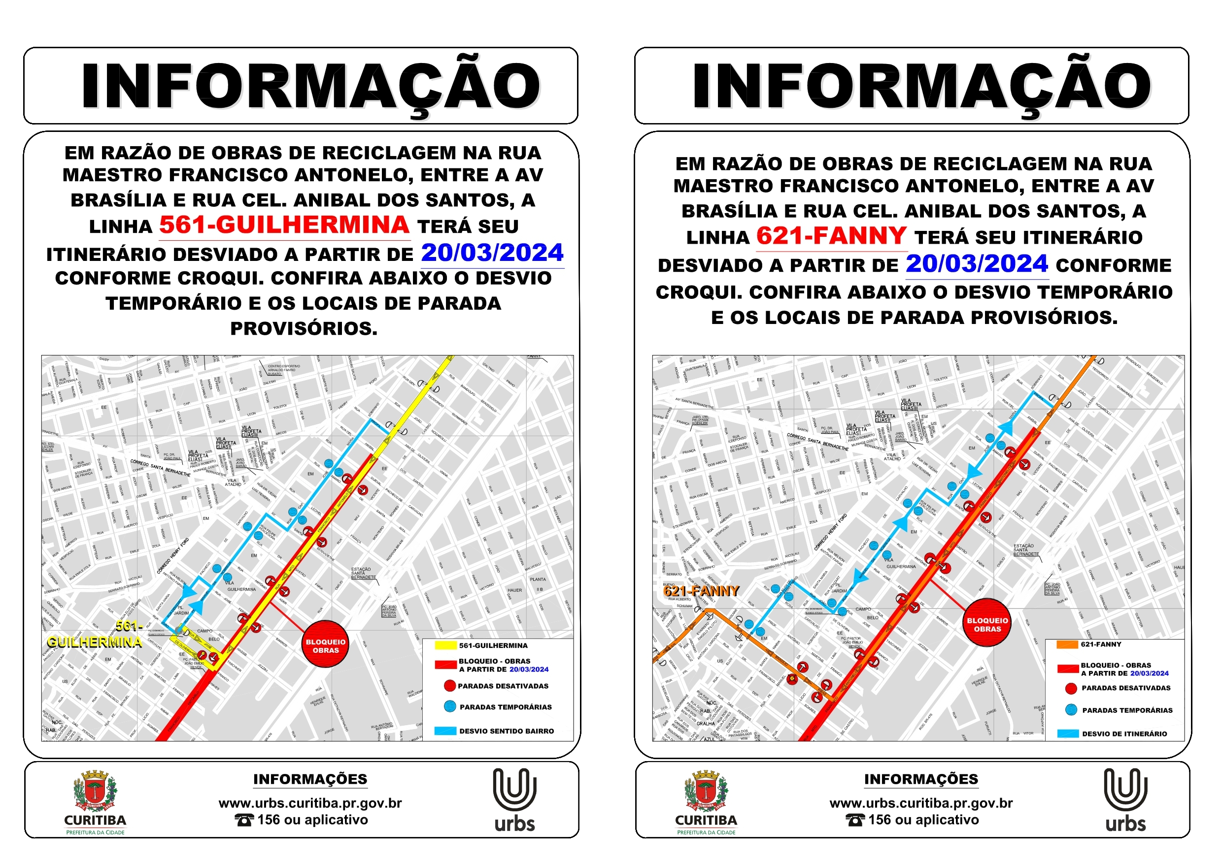 Linhas 561 e 621 - Desvio de itinerário - Obras de reciclagem