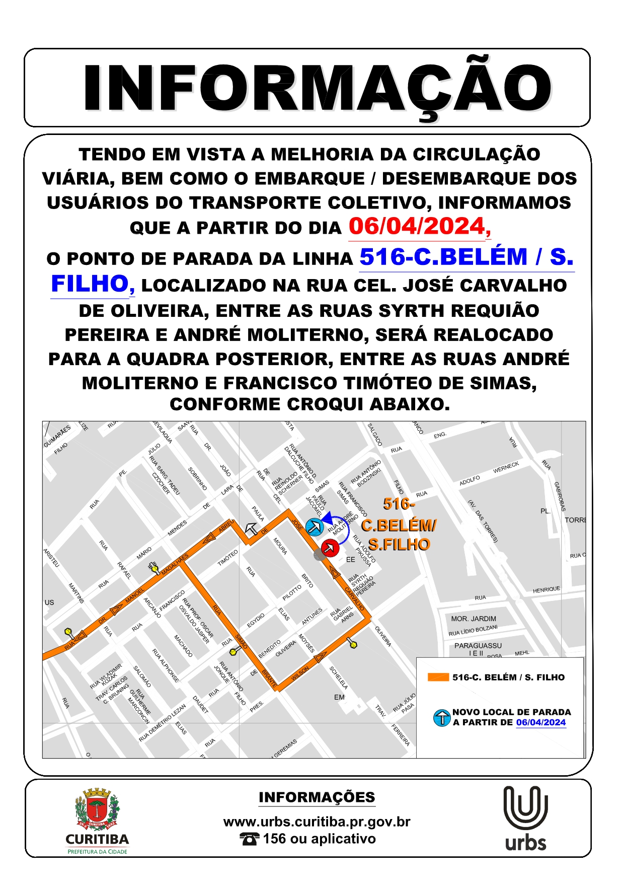 Linha 516 - C.BELÉM / S. FILHO - Realocação de ponto de parada