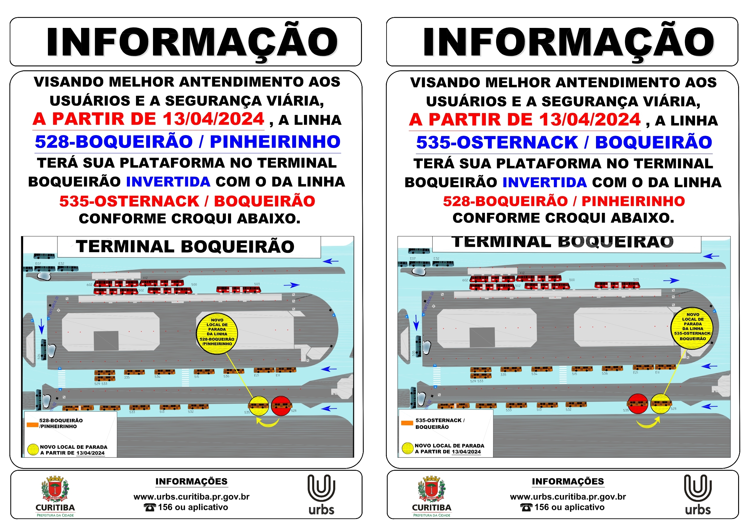 Linhas 528 - BOQUEIRÃO / PINHEIRINHO e 535  OSTERNACK / BOQUEIRÃO - Inversão de plataformas