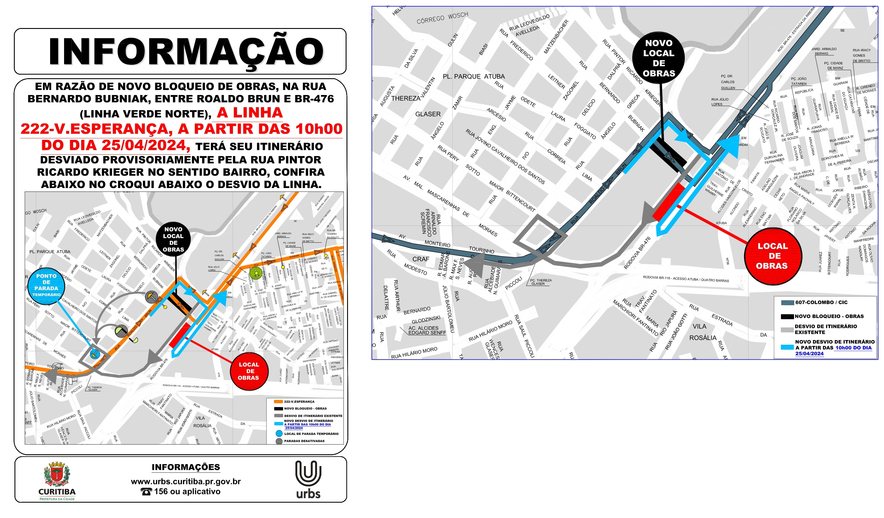Linhas 222 - V. ESPERANÇA e 607 - COLOMBO / CIC - Desvio de itinerário - 25/04