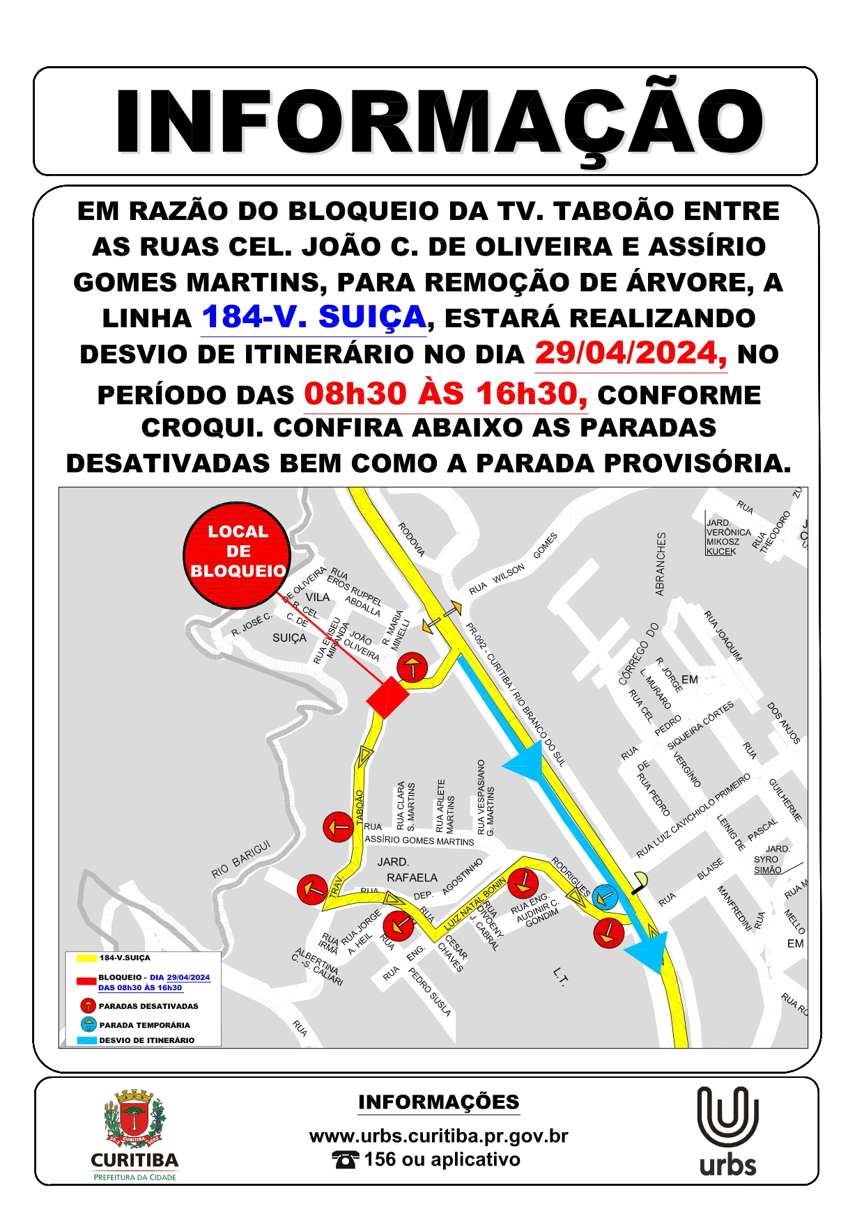 Linha 184 - V. SUIÇA - Desvio de itinerário - 29/04
