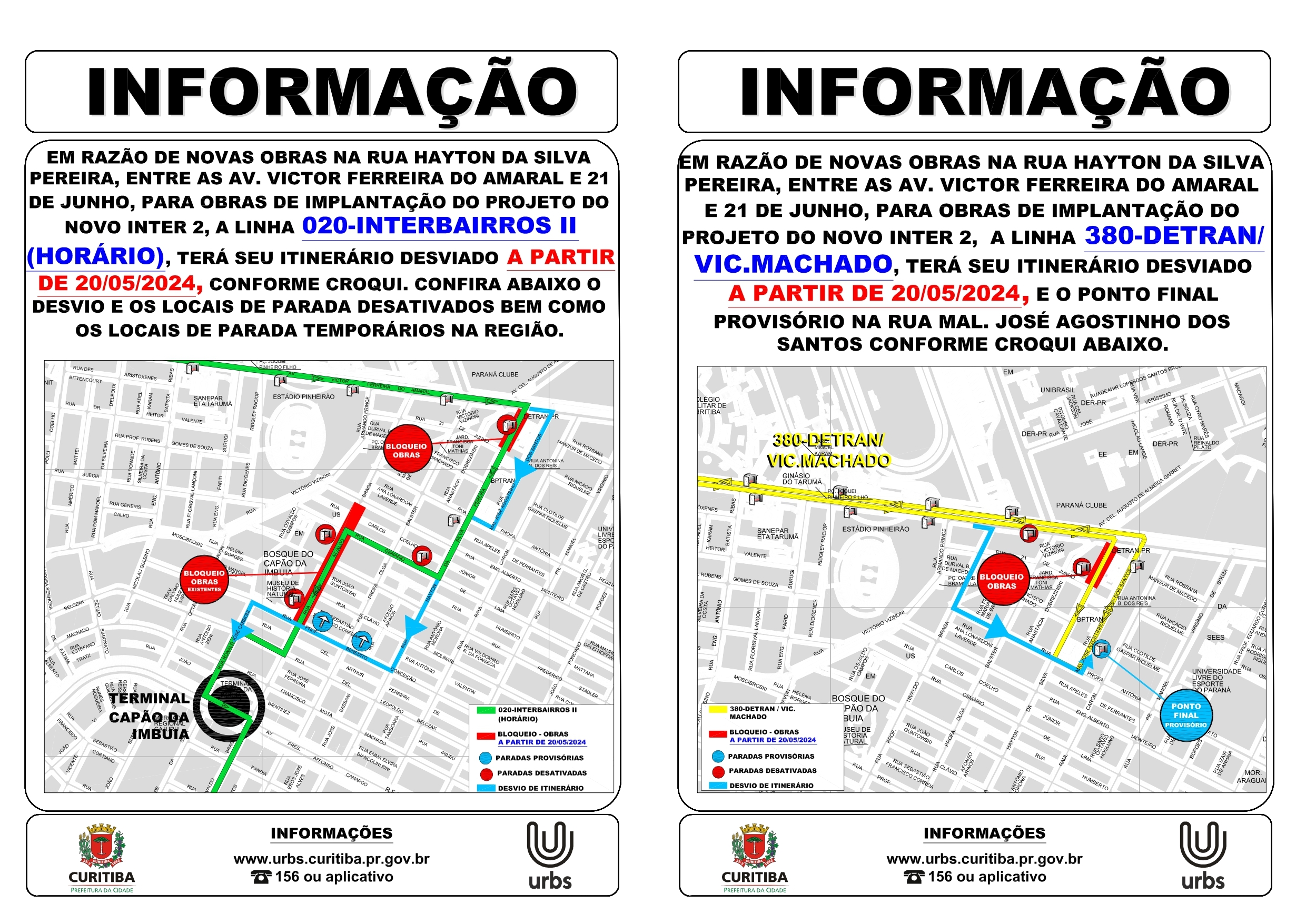 Linhas 020 - INTERBAIRROS II (HORÁRIO) e 380 - DETRAN / VIC. MACHADO - Desvio de itinerário