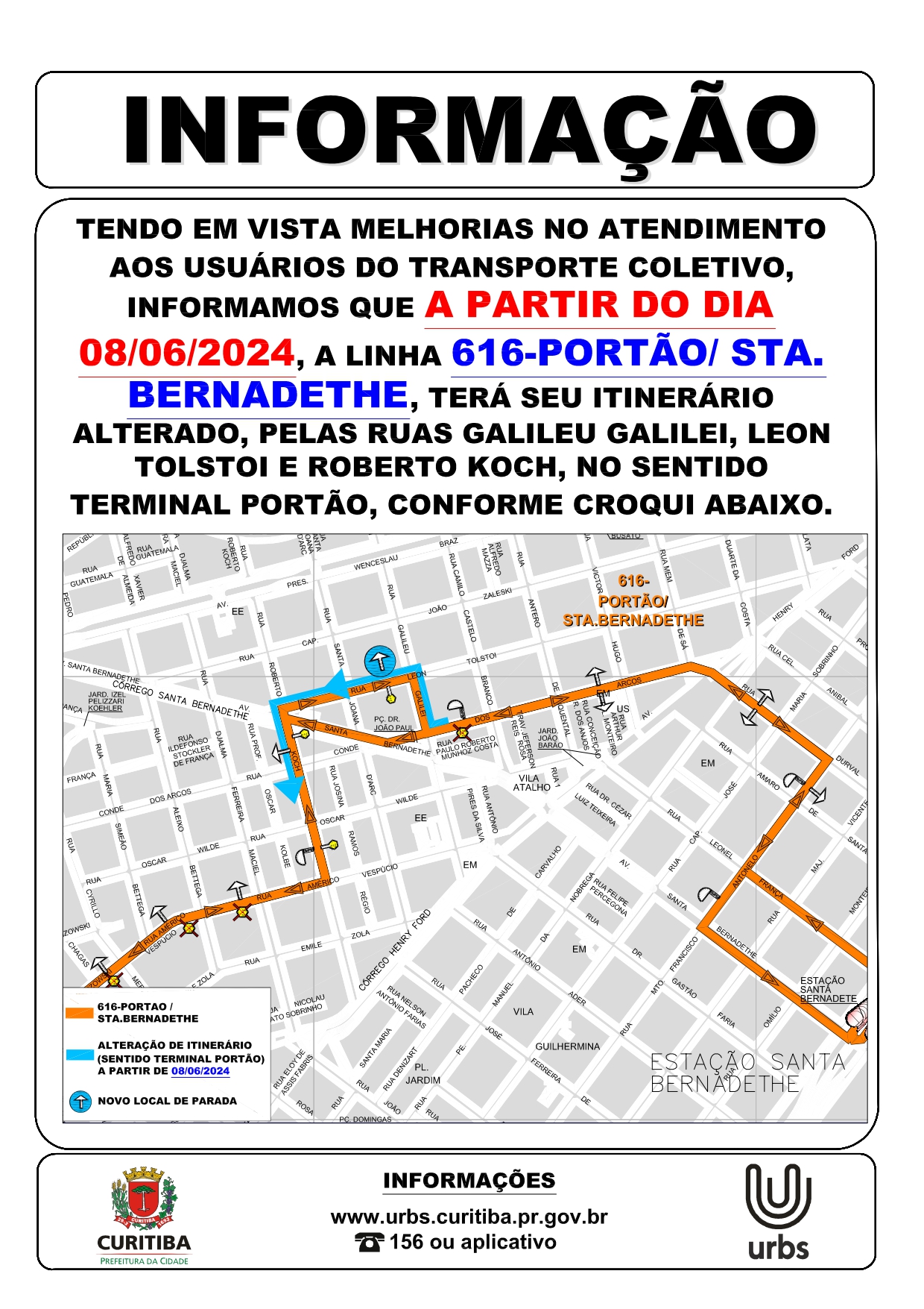 Linha 616 - PORTÃO / STA. BERNADETHE - Alteração de itinerário