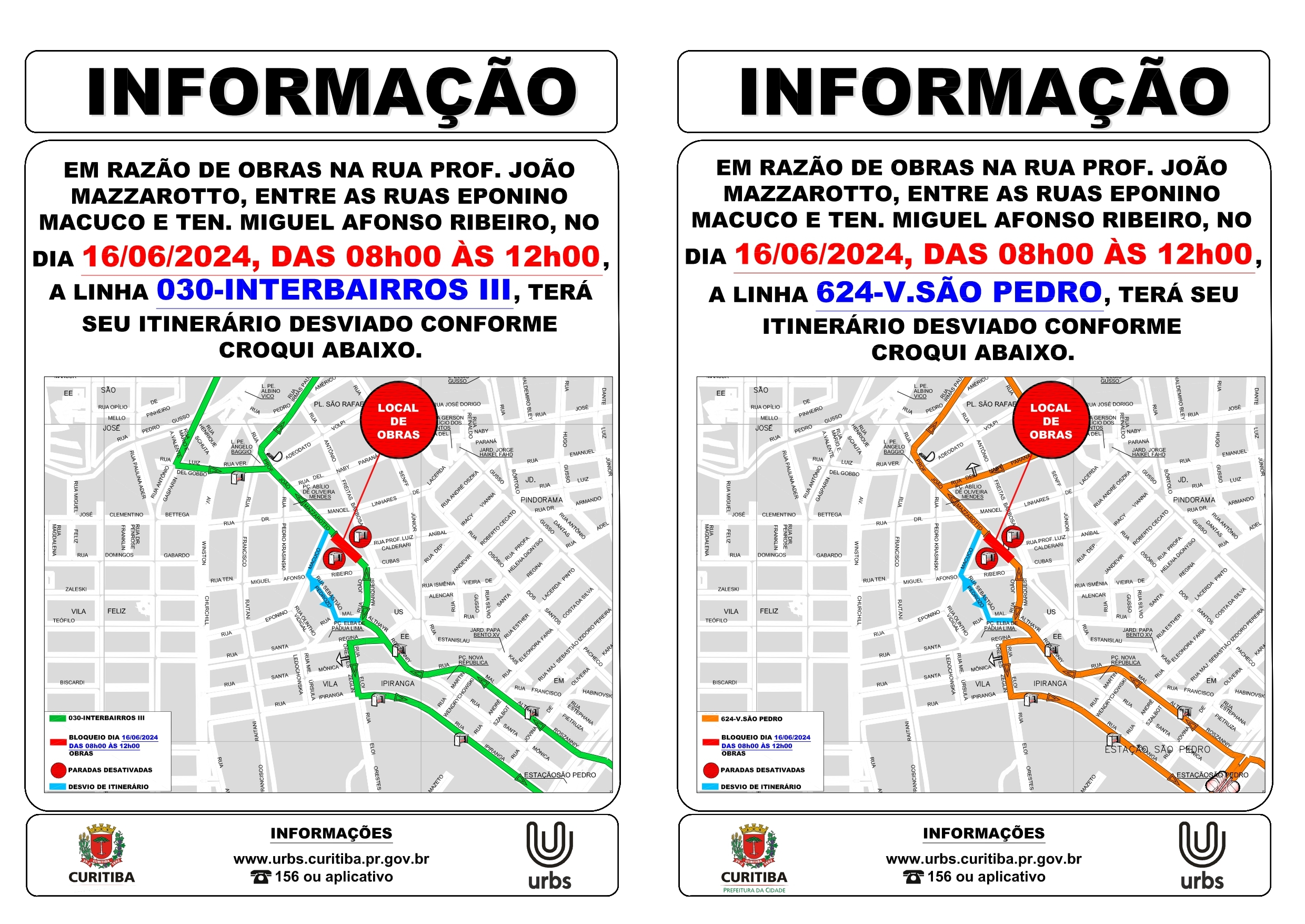 Linhas 030 - INTERBAIRROS III e 624 - V. SÃO PEDRO - Desvio de itinerário