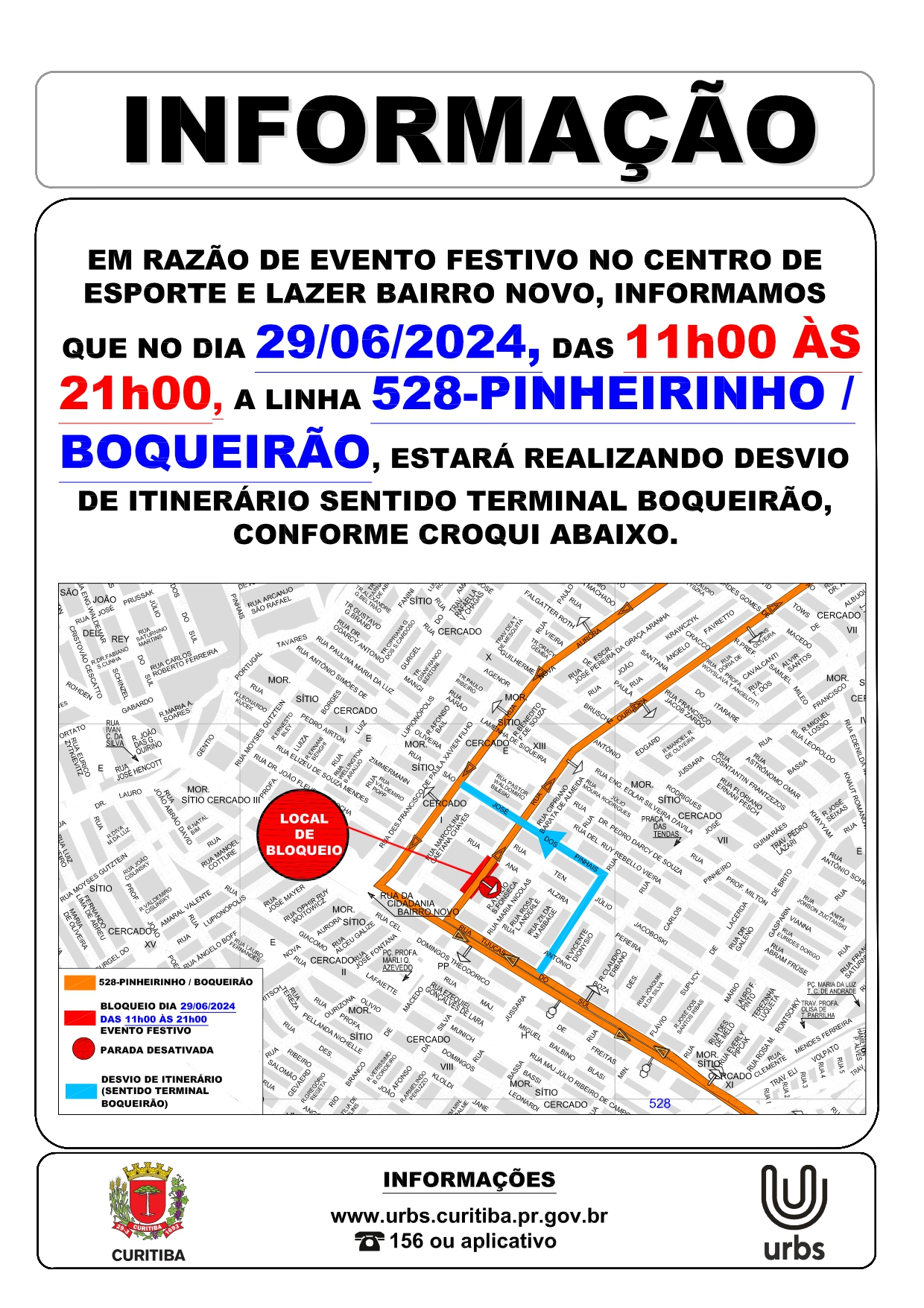 Linha 528 - PINHEIRINHO / BOQUEIRÃO - Desvio de itinerário