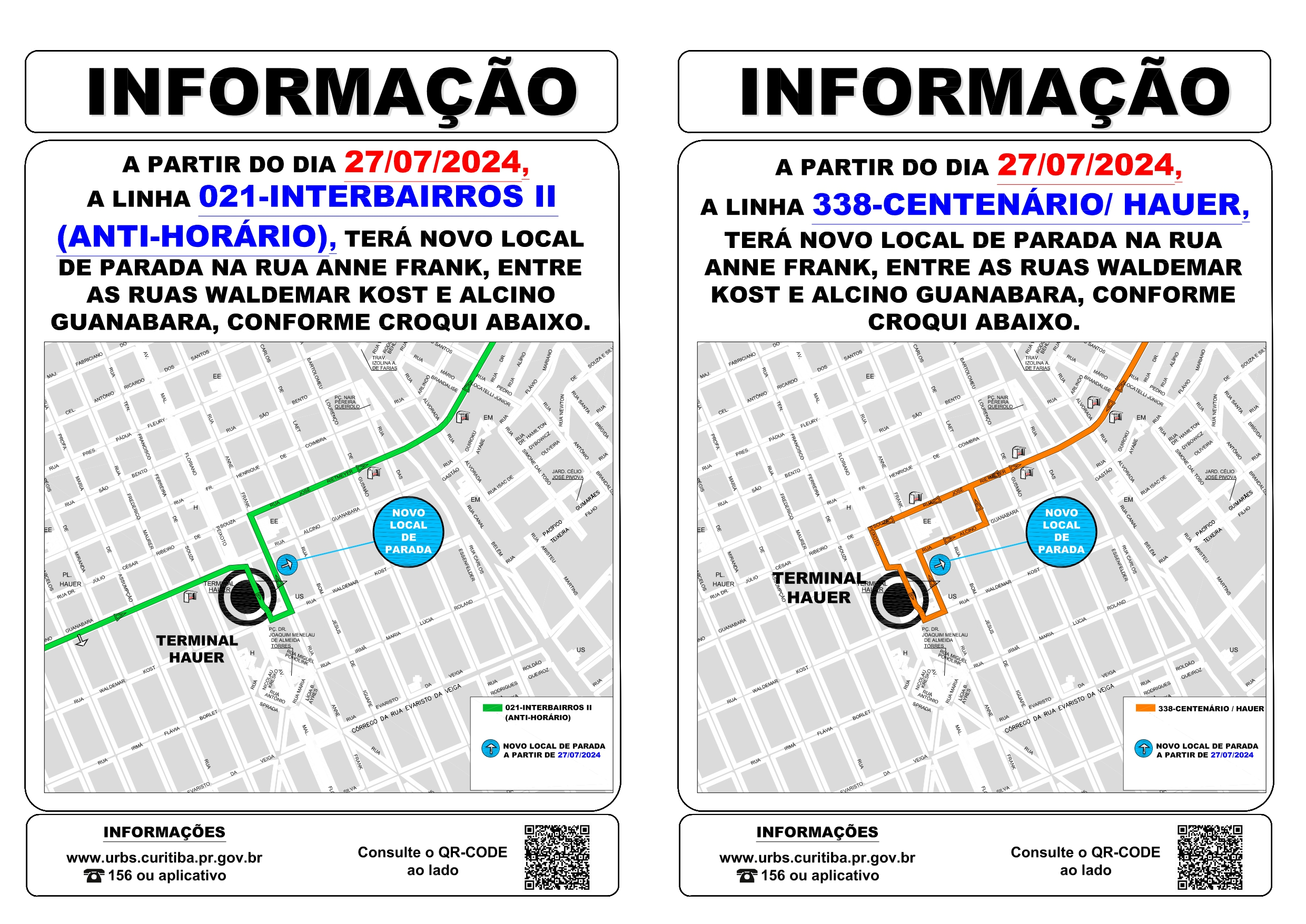 Linhas 021 - INTERBAIRROS II (ANTI-HORÁRIO) e 338 - CENTENÁRIO / HAUER - Novo ponto de parada