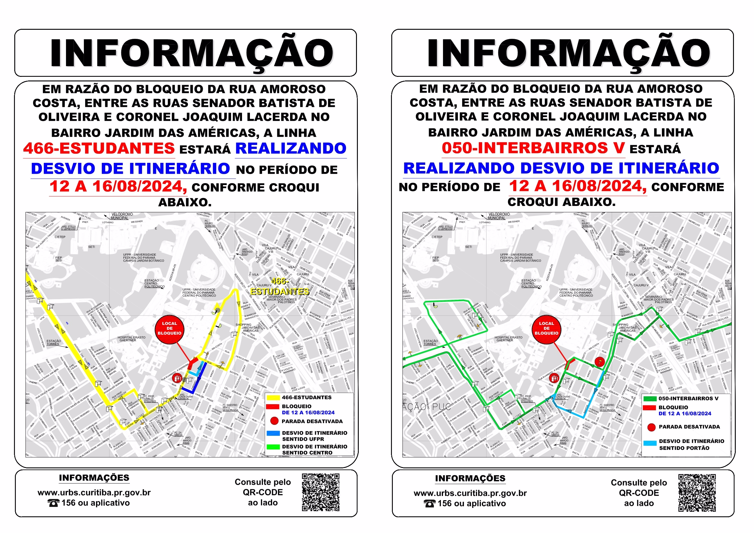 Linhas 050 - INTERBAIRROS V e 466 - ESTUDANTES - Desvio de itinerário