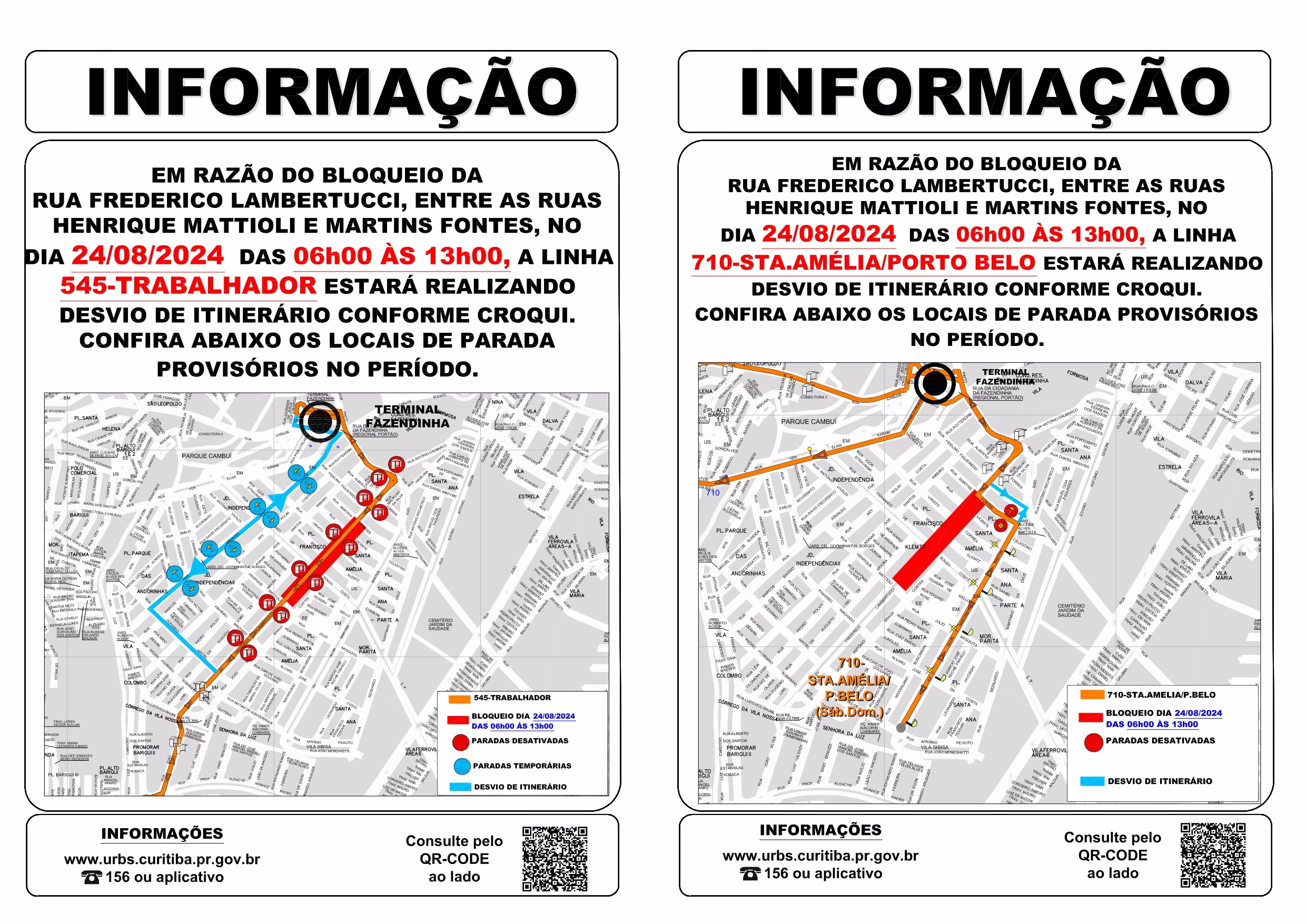 Linhas 545 - TRABALHADOR e 710 - STA. AMÉLIA / PORTO BELO - Desvio de itinerário