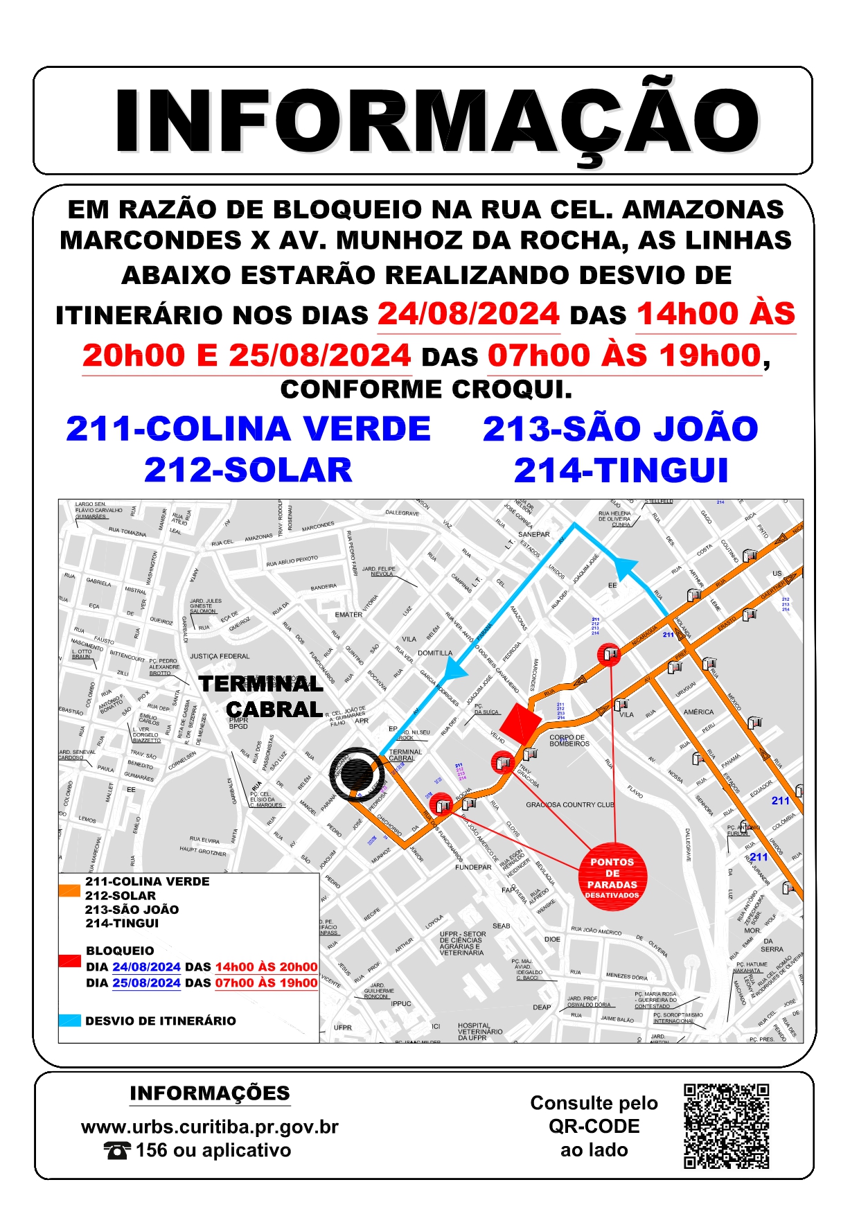 Linhas 211 - COLINA VERDE, 212 - SOLAR, 213 - SÃO JOÃO e 214 - TINGUI - Desvio de itinerário