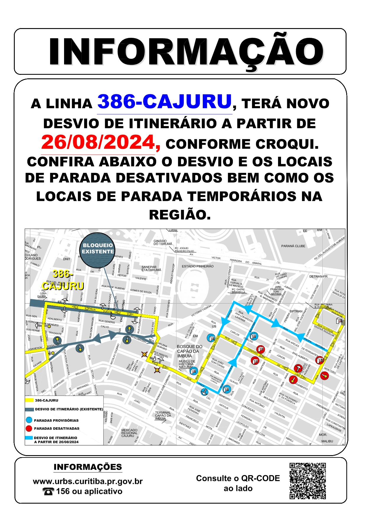 Linha 386 - CAJURU - Desvio de itinerário - A partir de 26/08