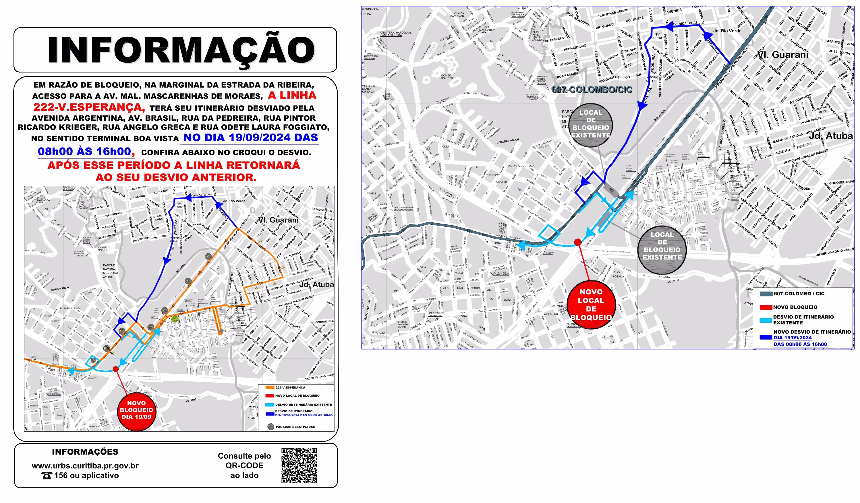Linhas 222 - V. ESPERANÇA e 607 - COLOMBO / CIC - Desvio de itinerário - 19/09