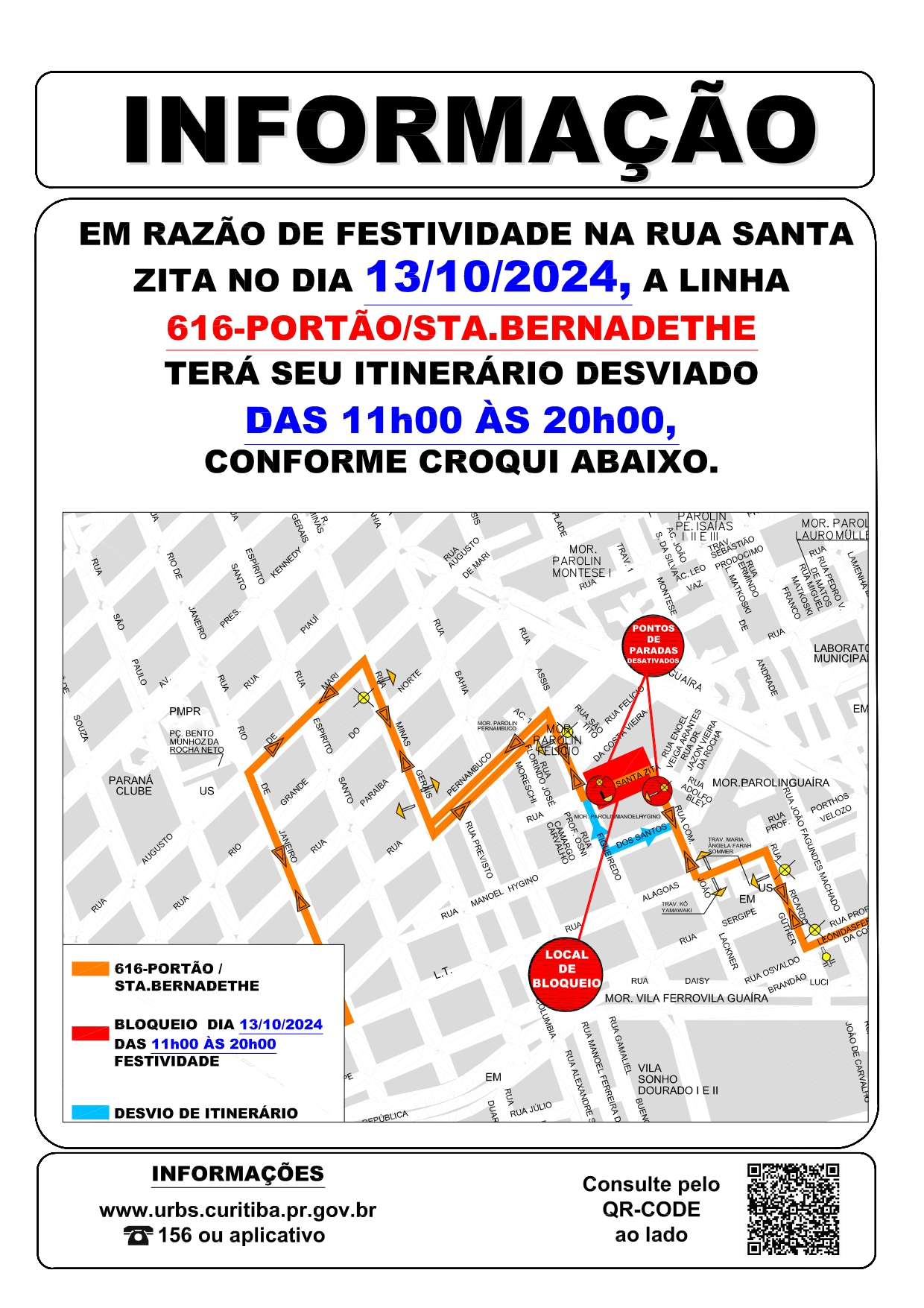 Linha 616 - PORTÃO / STA. BERNADETHE - Desvio de itinerário - Rua Santa Zita - 13/10