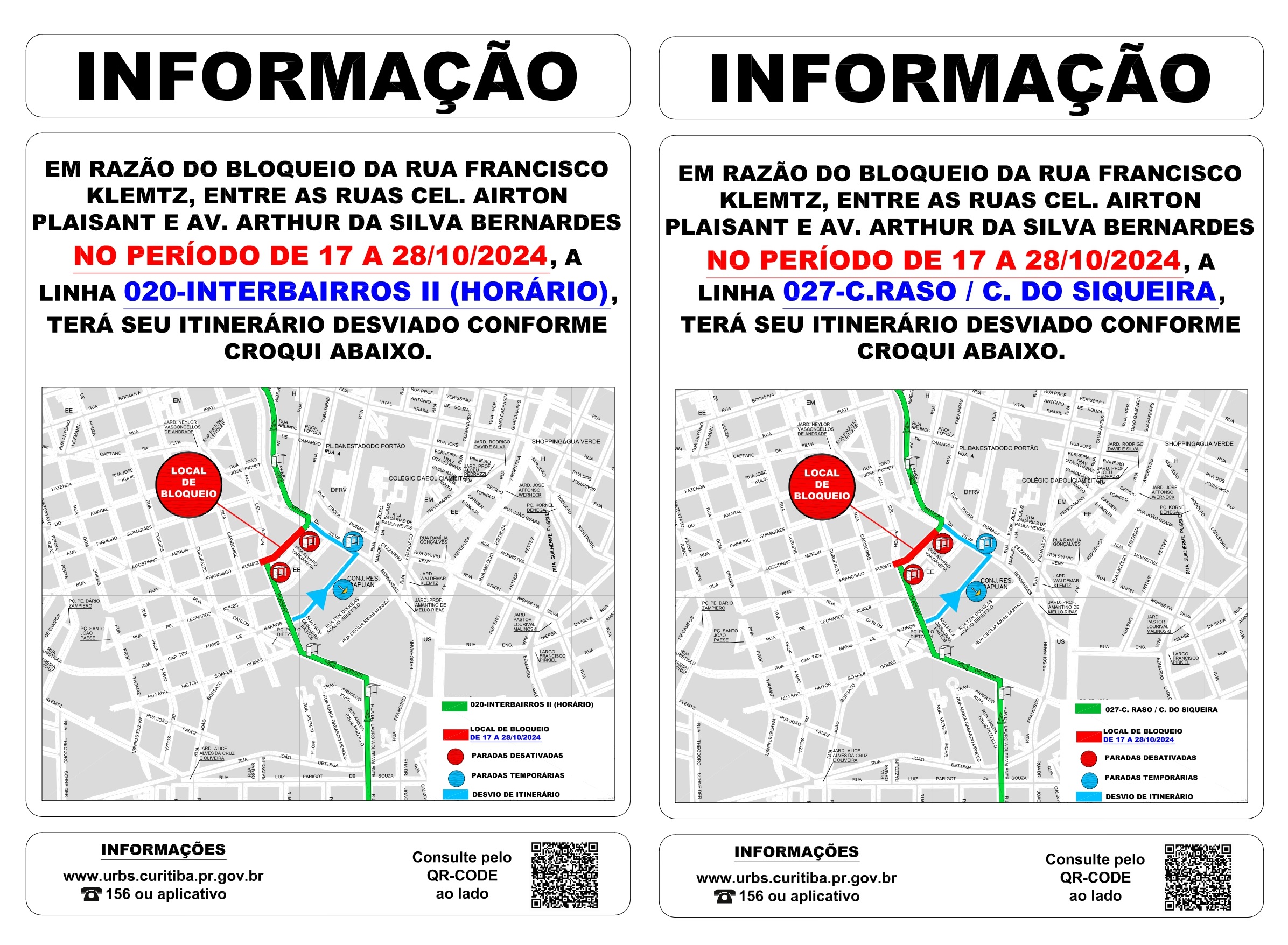 Linhas 020 - INTERBAIRROS II (HORÁRIO) e 027 - C. RASO / C. DO SIQUEIRA - Desvio de itinerário