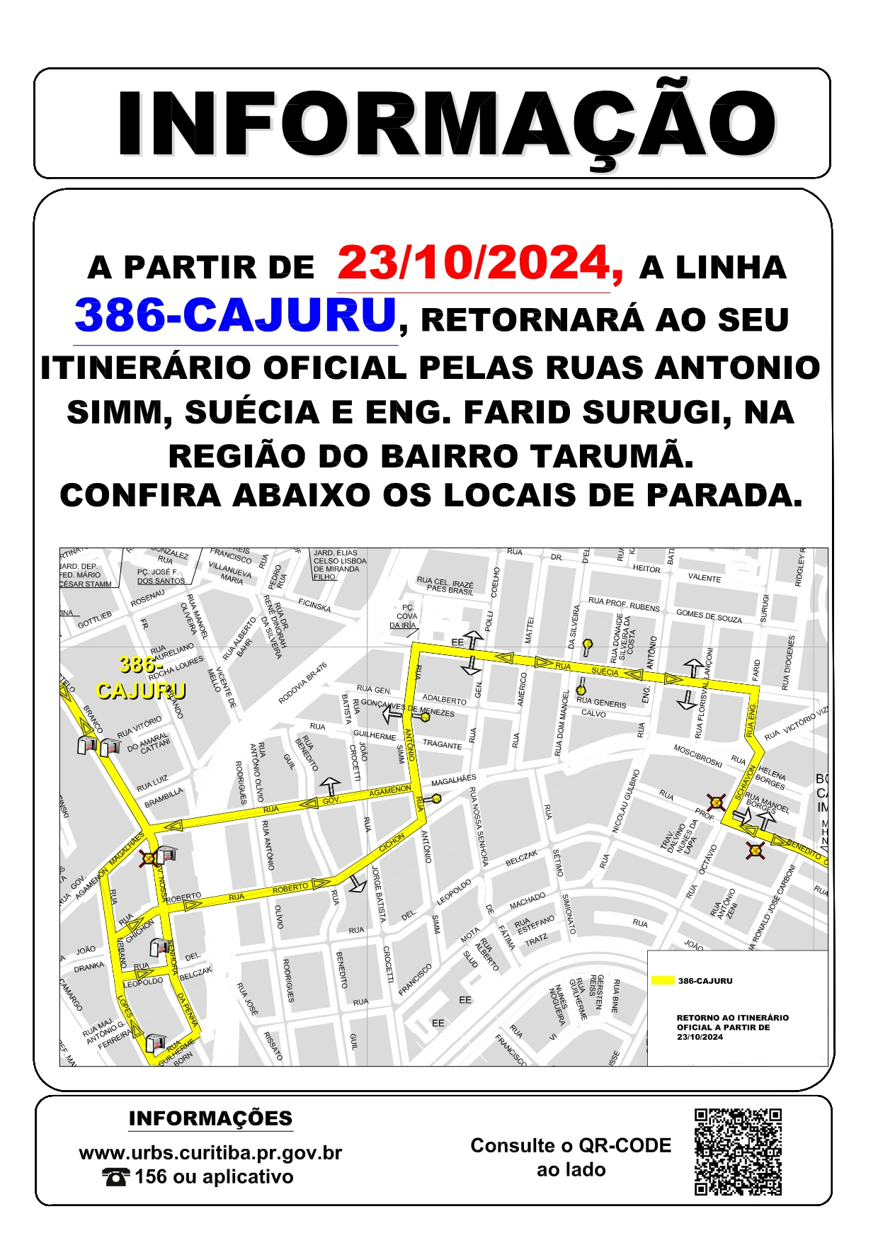 Linha 386 - CAJURU - Retorno ao itinerário oficial - a partir de 23/10