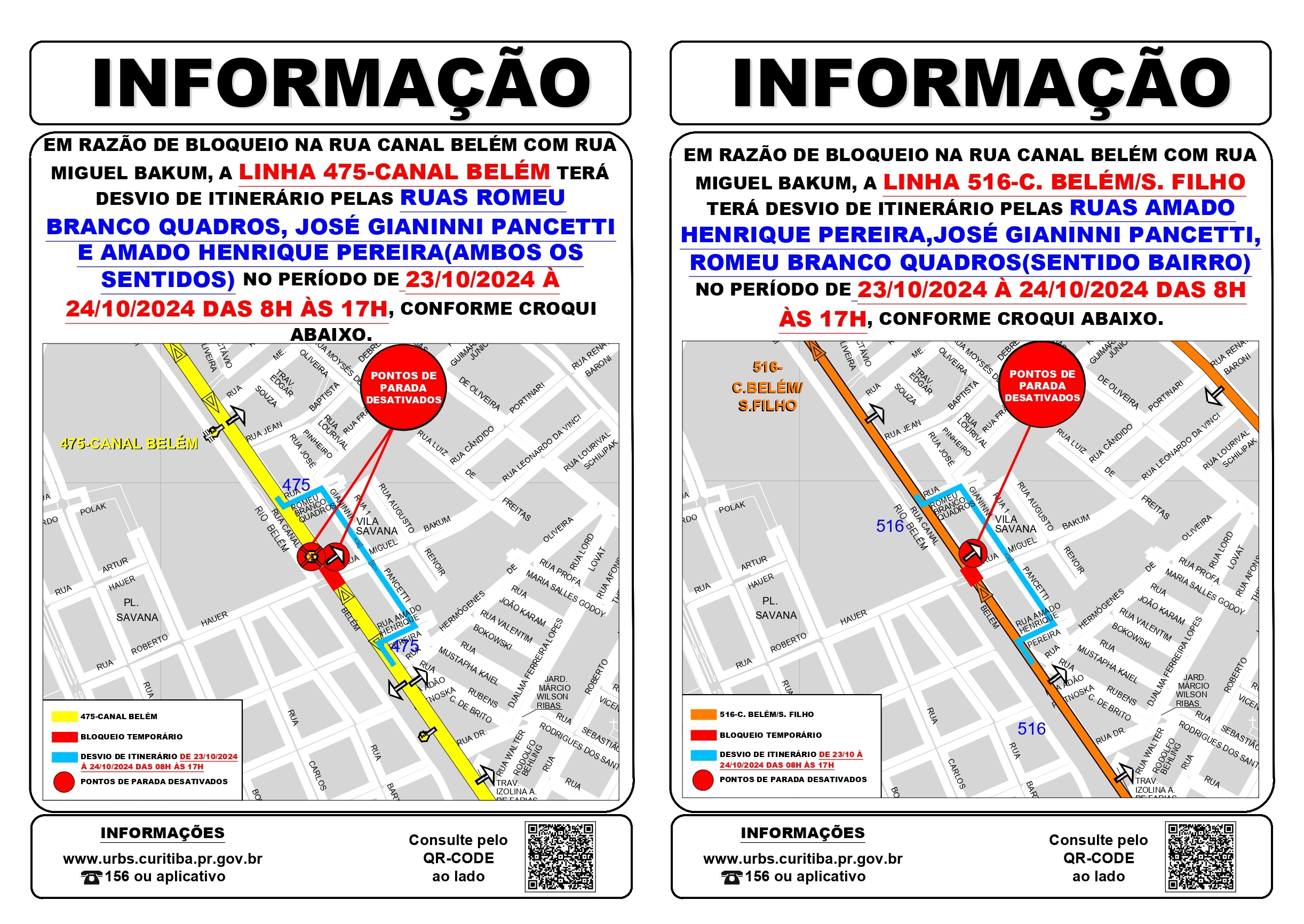 Linhas 475-CANAL BELÉM e 516-C.BELÉM/S.FILHO - Desvio de itinerário