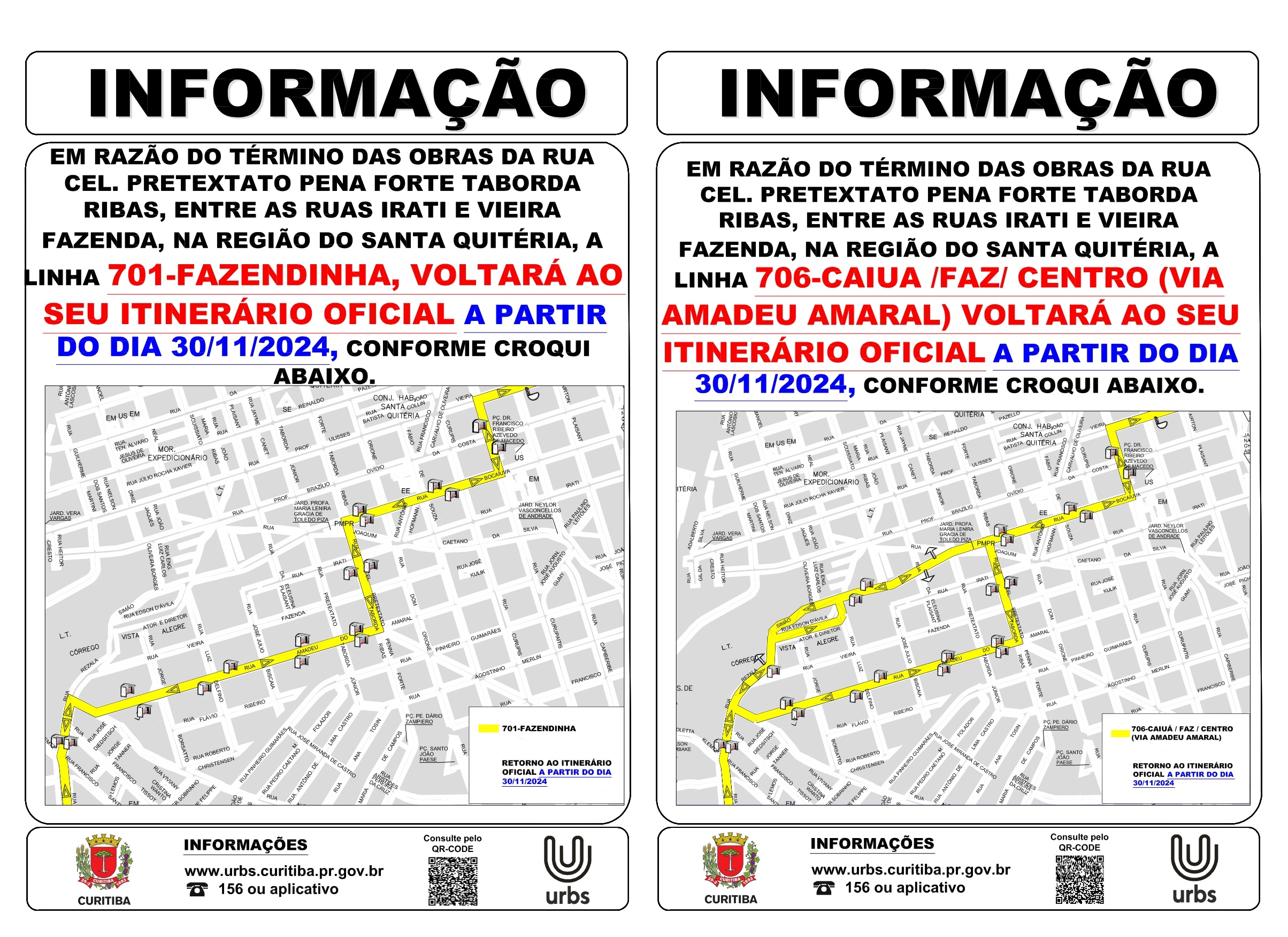 Linhas 701 - FAZENDINHA e 706 - CAIUÁ / FAZ / CENTRO - Retorno ao Itinerário Oficial - 30/11