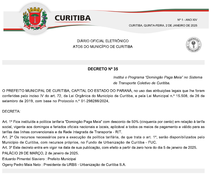 Decreto Municipal Nº 0035/2025 - Domingão Paga Meia