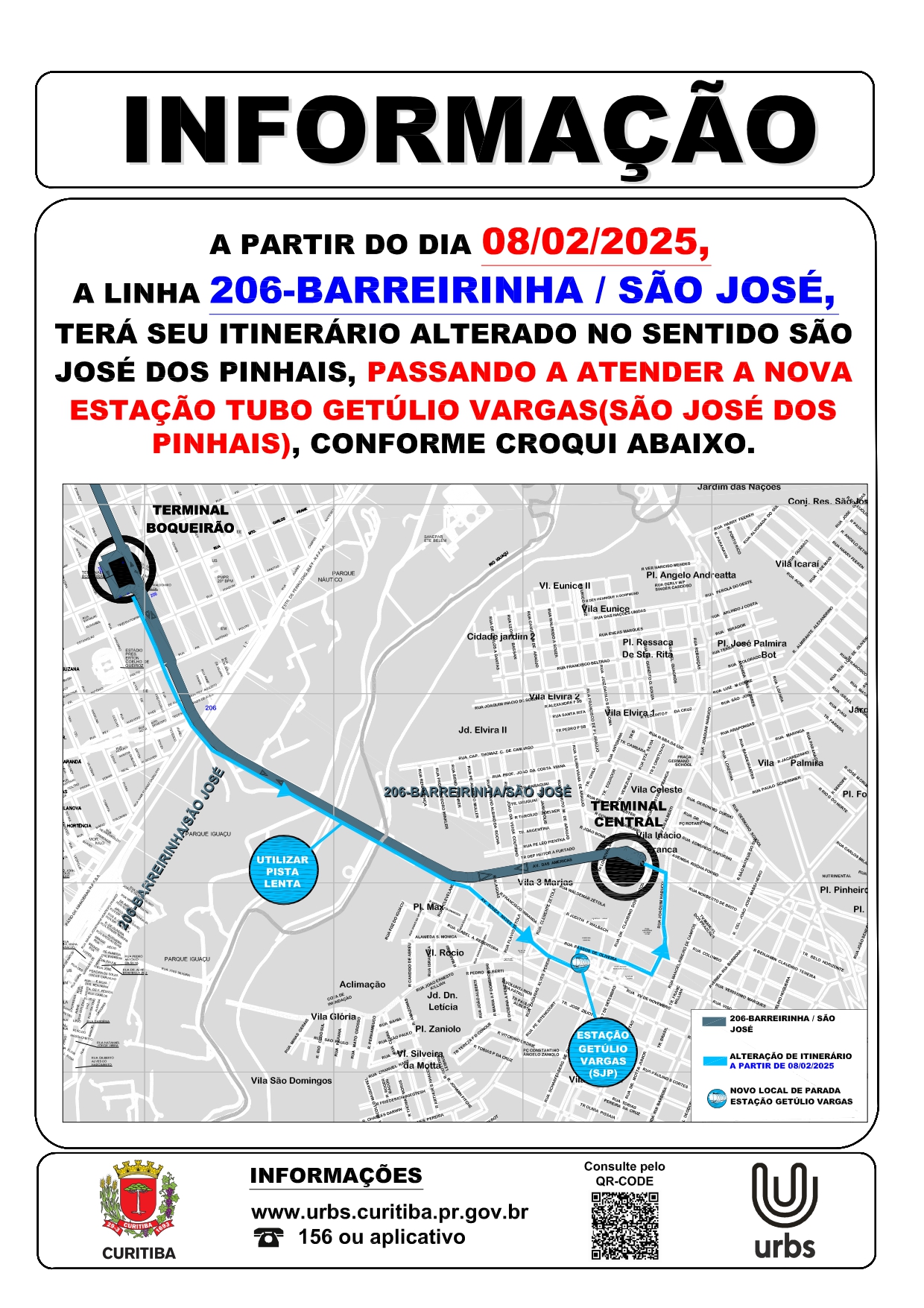 Linha 206 - BARREIRINHA / SÃO JOSÉ - Alteração de itinerário - Estação Tubo Getúlio Vargas