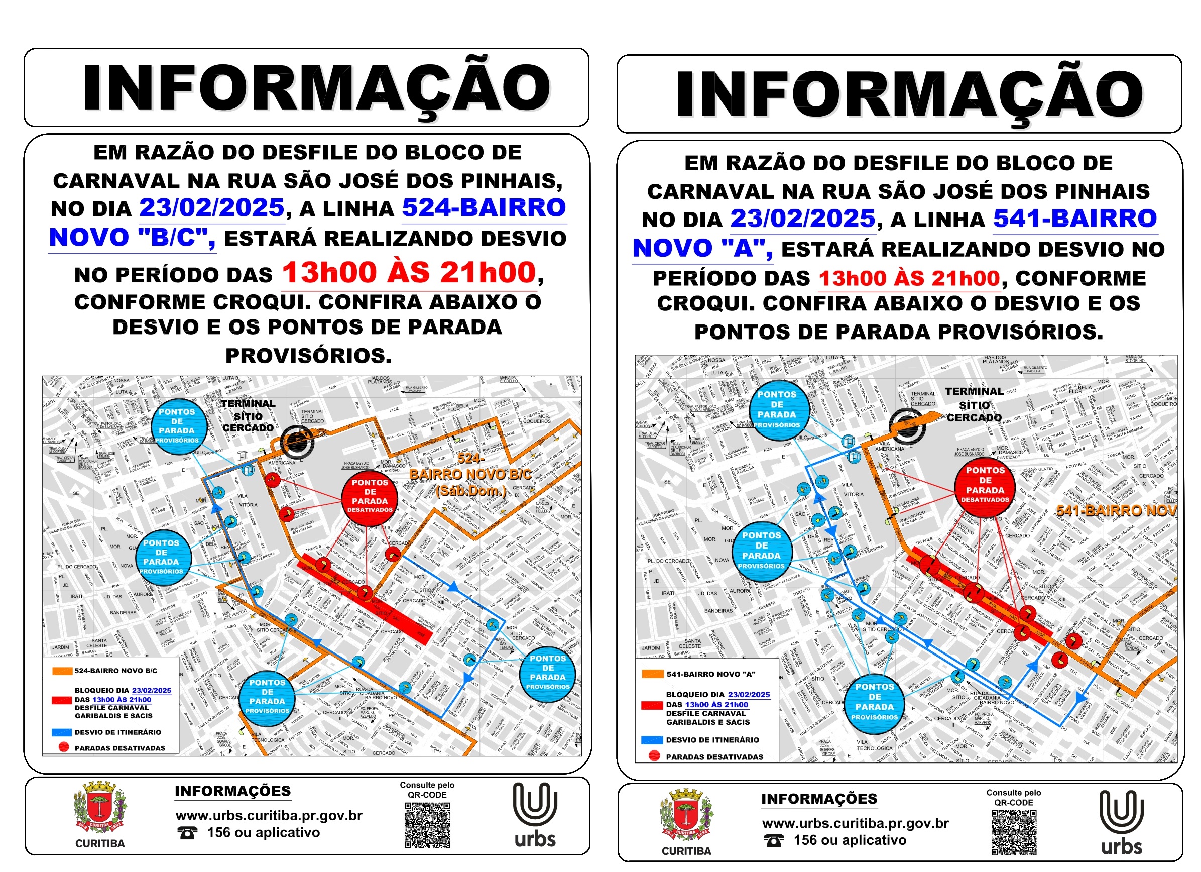 Linhas 524 - BAIRRO NOVO B / C e 541 - BAIRRO NOVO A - Desvio de Itinerário - 23/02