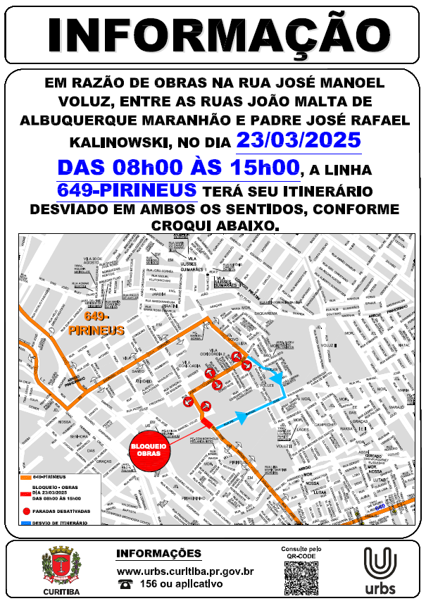 Linha 649 - PIRINEUS - Desvio de Itinerário - Obras R. José Emanoel Voluz - 23/03
